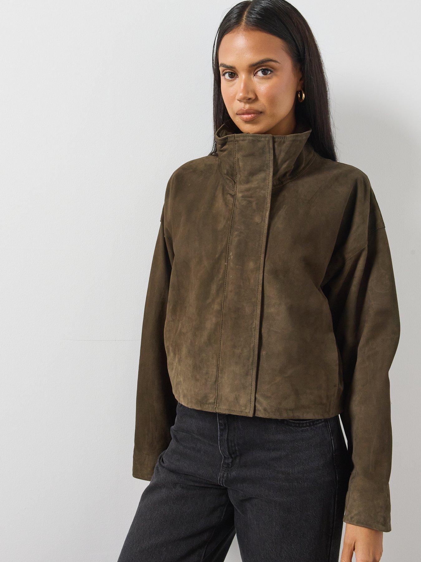 Image 6 of 6 of AllSaints Womens Ryder Funnel Neck Zip-Through Suede Jacket - Green