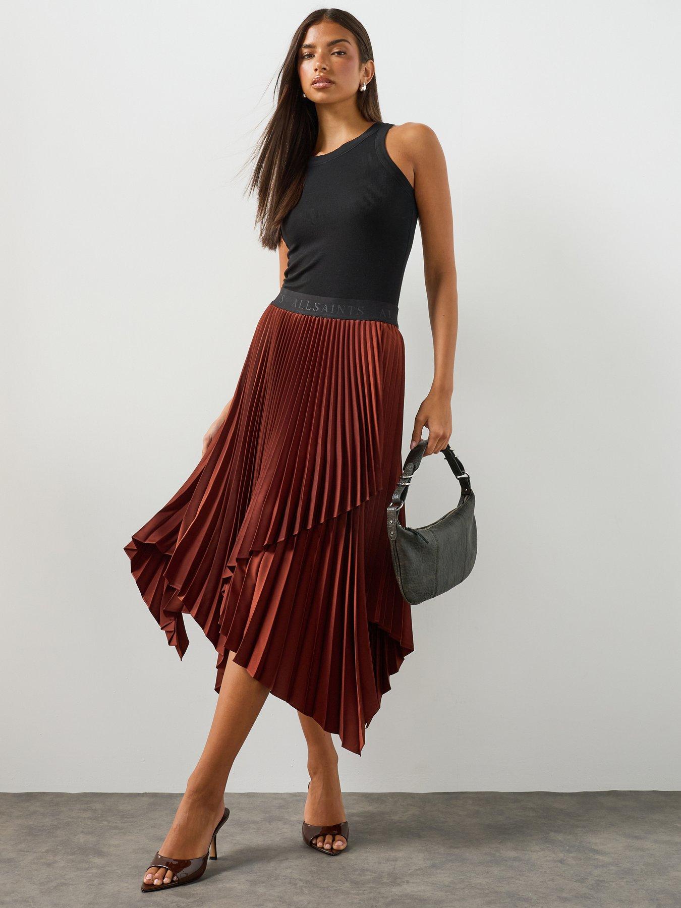 Image 1 of 6 of AllSaints Elisa Pleated Asymmetric Midi Skirt - Burgundy