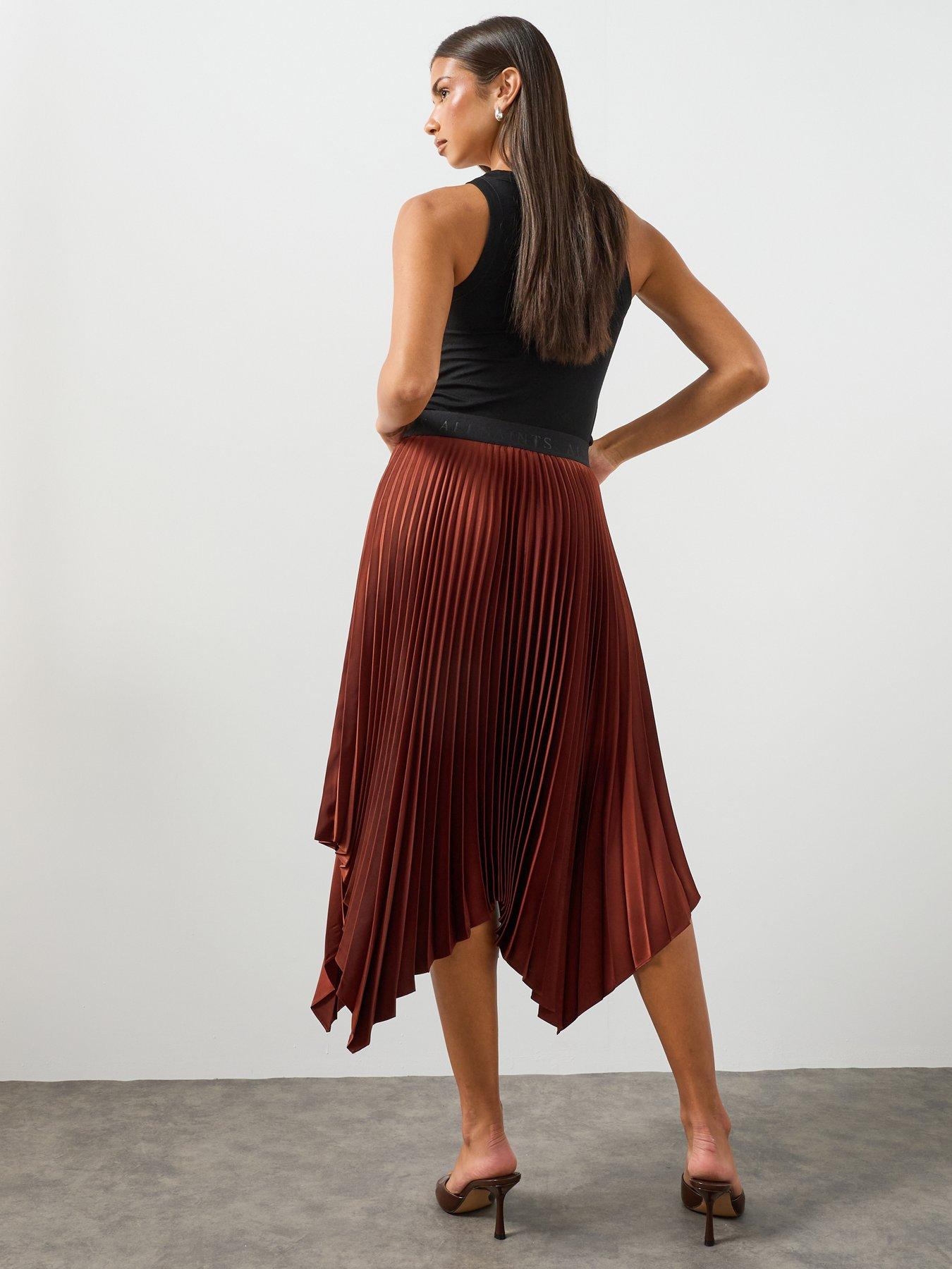 Image 2 of 6 of AllSaints Elisa Pleated Asymmetric Midi Skirt - Burgundy