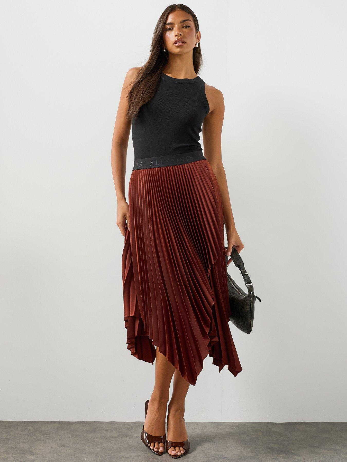 Image 3 of 6 of AllSaints Elisa Pleated Asymmetric Midi Skirt - Burgundy