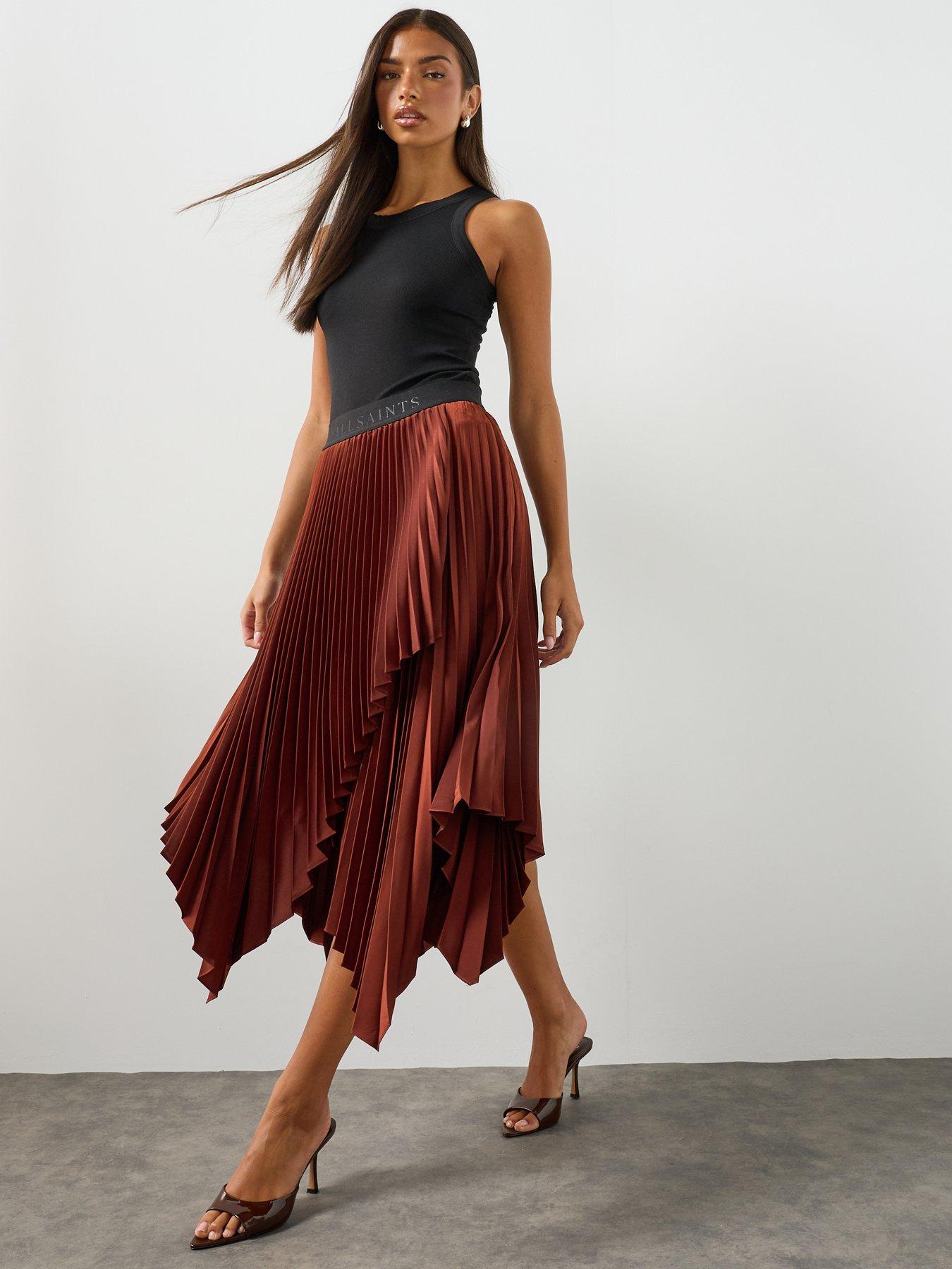 Image 4 of 6 of AllSaints Elisa Pleated Asymmetric Midi Skirt - Burgundy