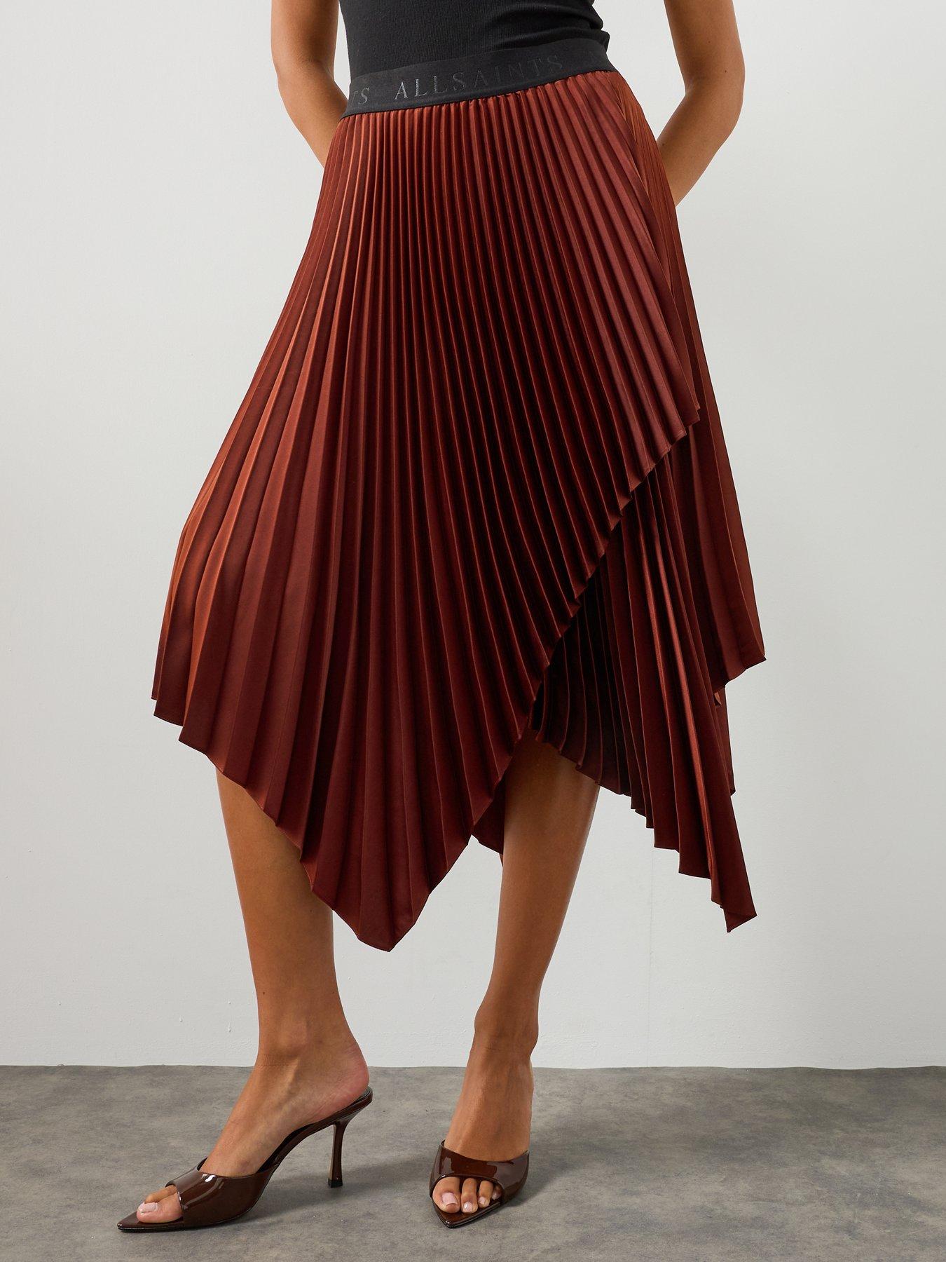 Image 5 of 6 of AllSaints Elisa Pleated Asymmetric Midi Skirt - Burgundy