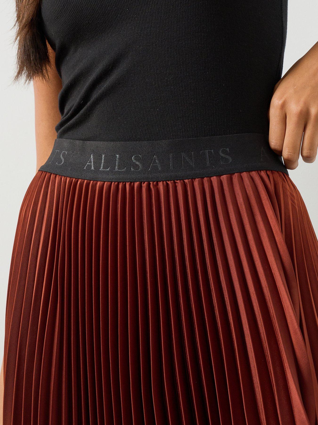 Image 6 of 6 of AllSaints Elisa Pleated Asymmetric Midi Skirt - Burgundy