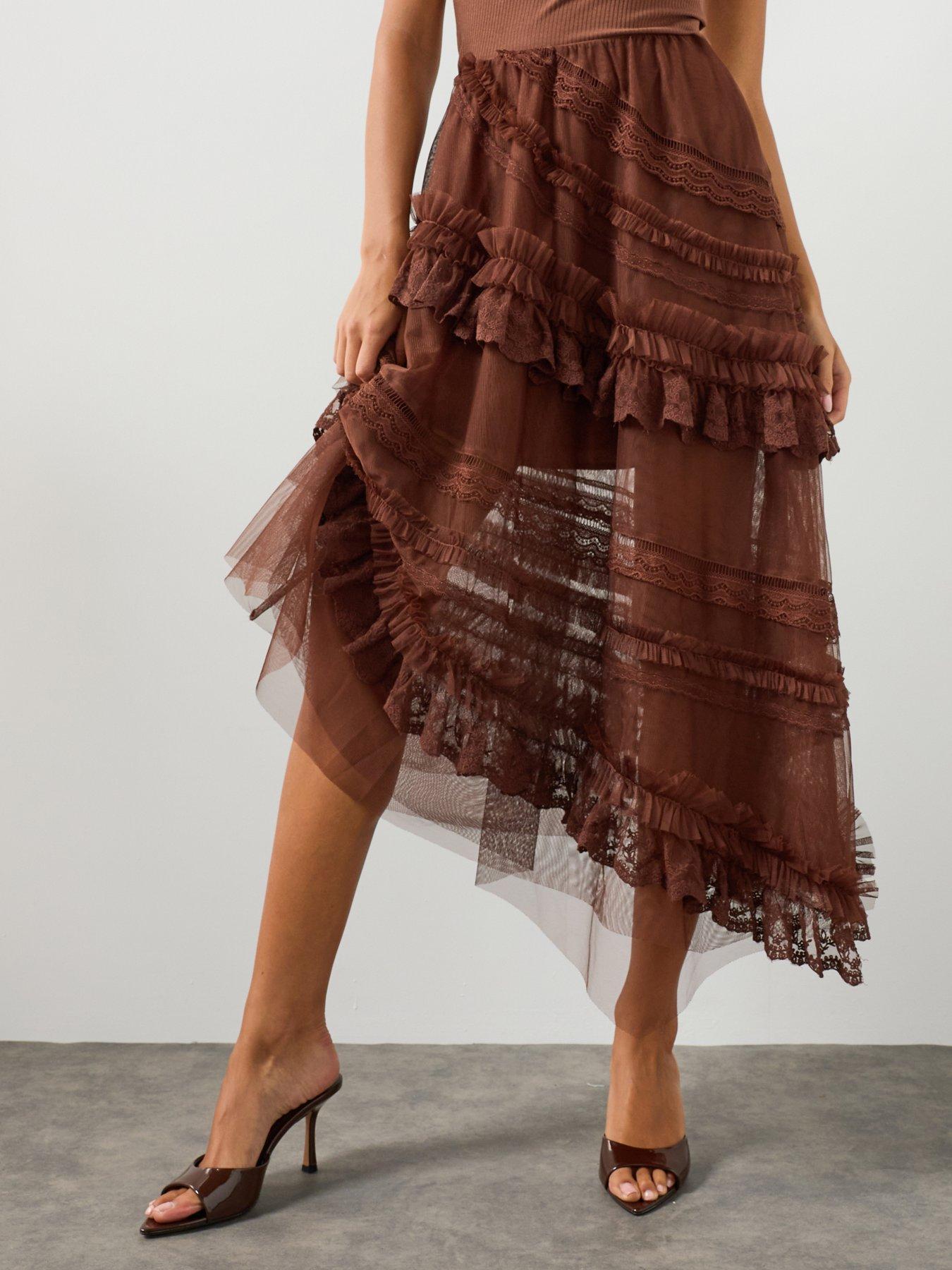 Image 1 of 6 of AllSaints Jen Tiered Lace Textile Midi Skirt - Brown