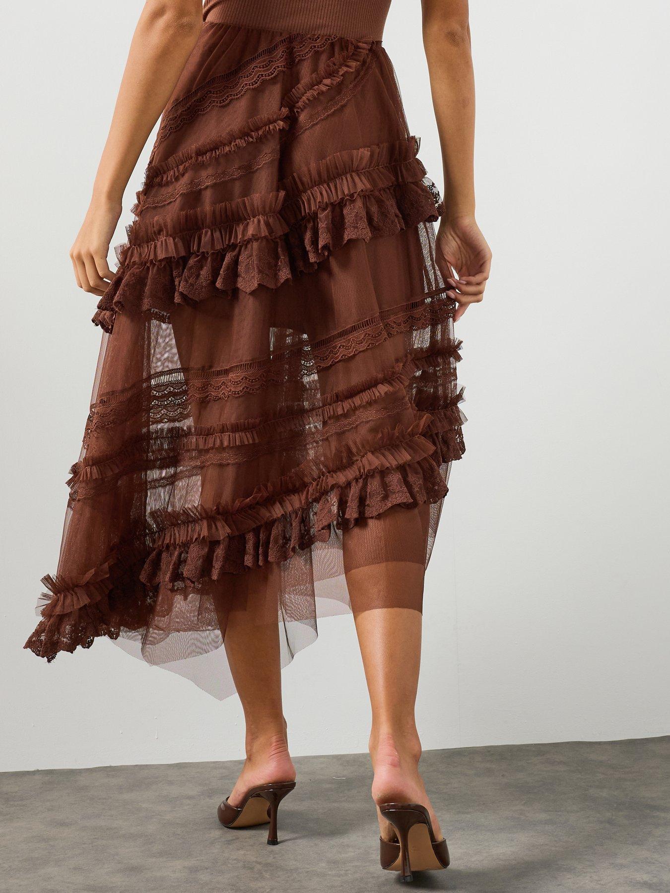 Image 2 of 6 of AllSaints Jen Tiered Lace Textile Midi Skirt - Brown