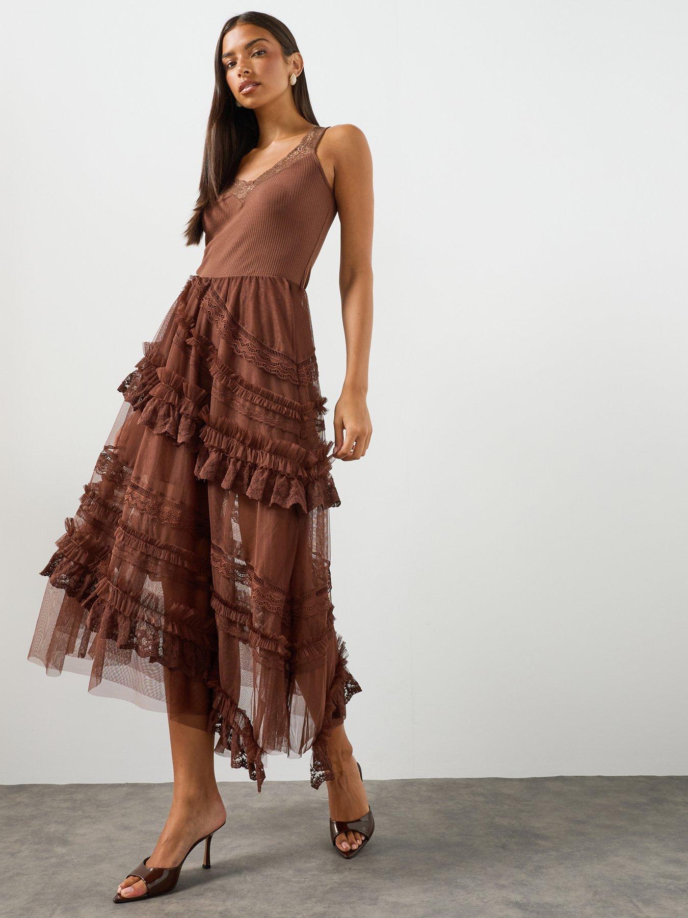 Image 3 of 6 of AllSaints Jen Tiered Lace Textile Midi Skirt - Brown