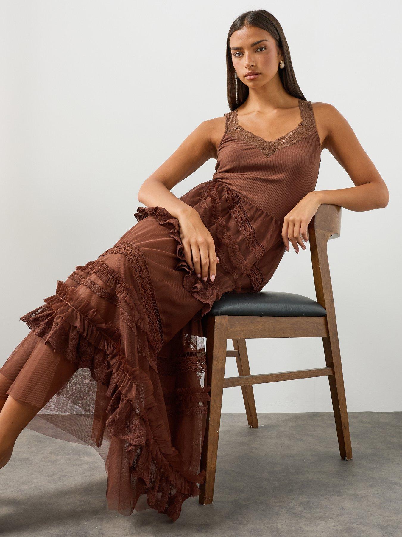 Image 4 of 6 of AllSaints Jen Tiered Lace Textile Midi Skirt - Brown