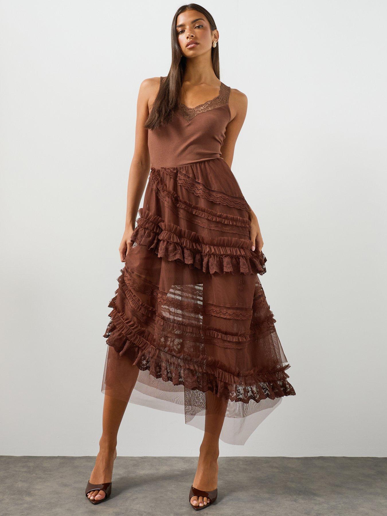 Image 5 of 6 of AllSaints Jen Tiered Lace Textile Midi Skirt - Brown