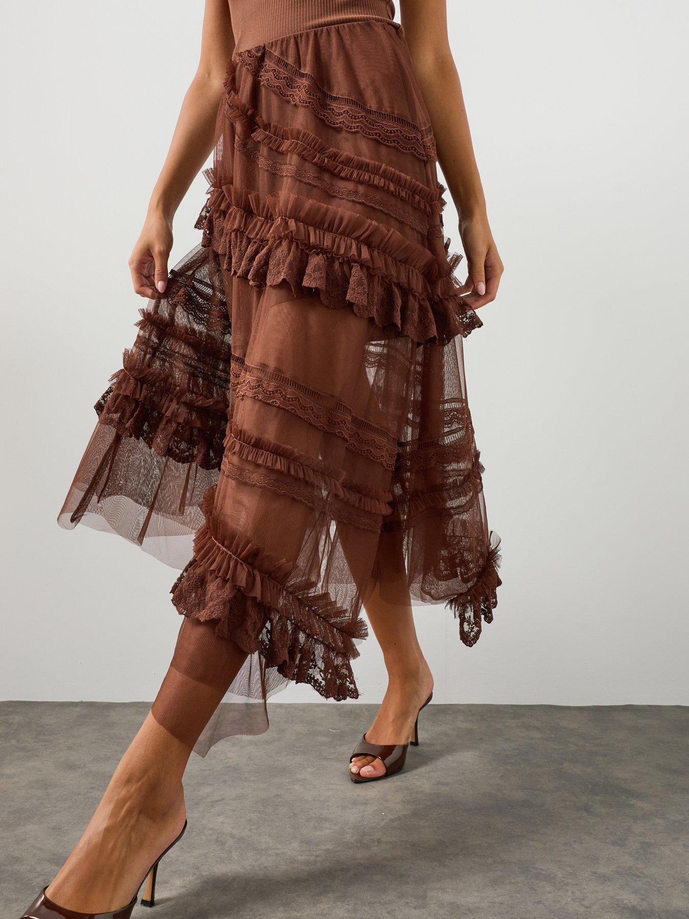 Image 6 of 6 of AllSaints Jen Tiered Lace Textile Midi Skirt - Brown