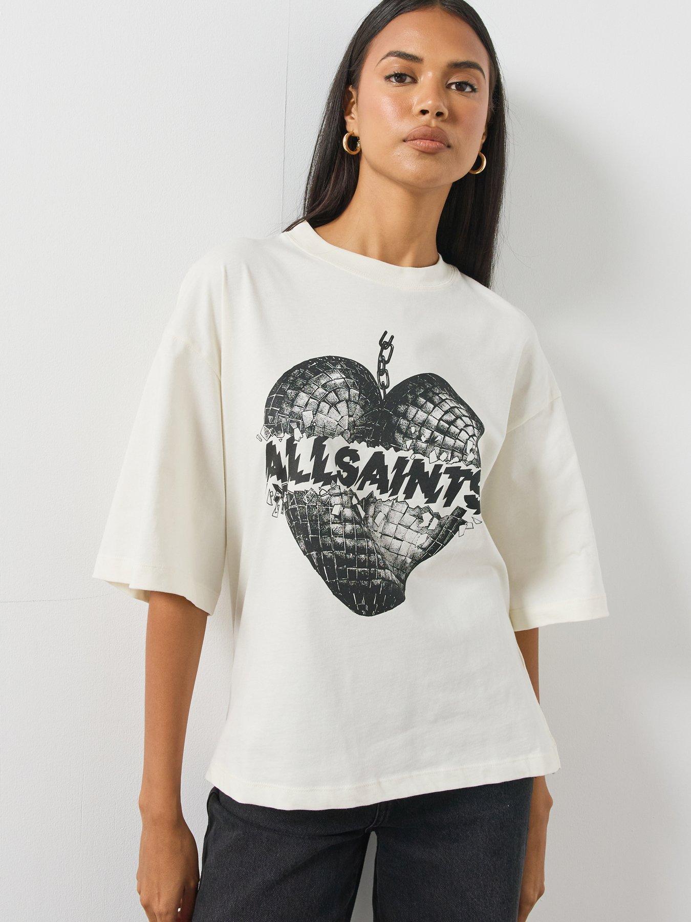 Image 1 of 4 of AllSaints Womens Reflect Amelia Graphic Oversized T-Shirt - White