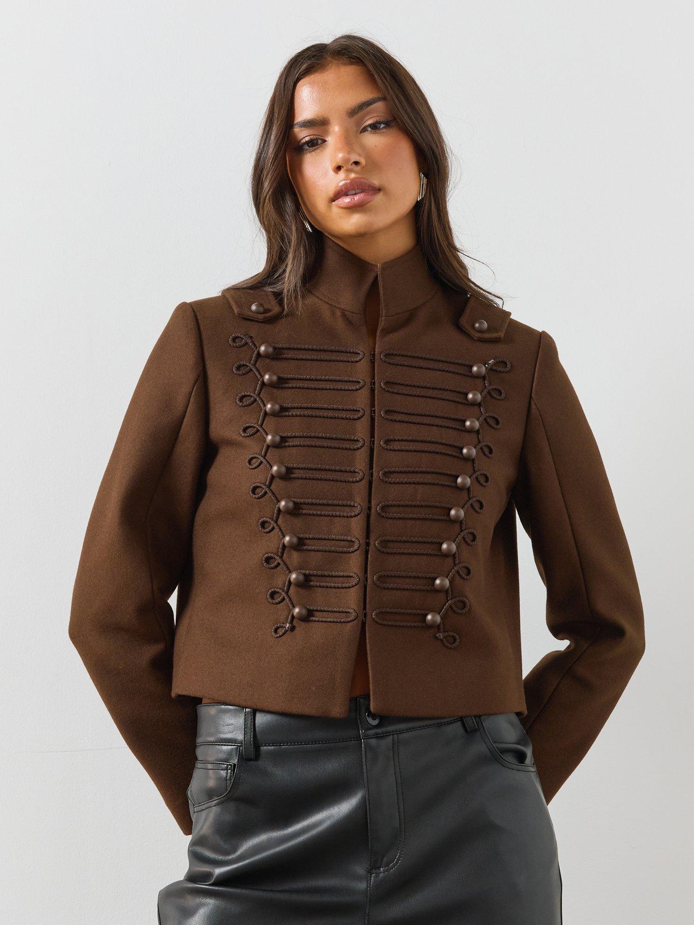AllSaints Womens Military-Style Cropped Stand Collar Jacket - Brown