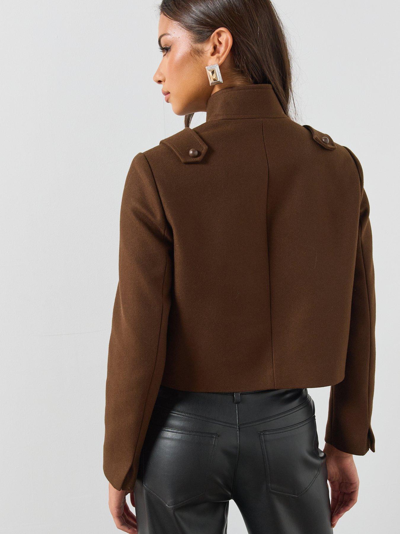 Image 2 of 6 of AllSaints Womens Military-Style Cropped Stand Collar Jacket - Brown