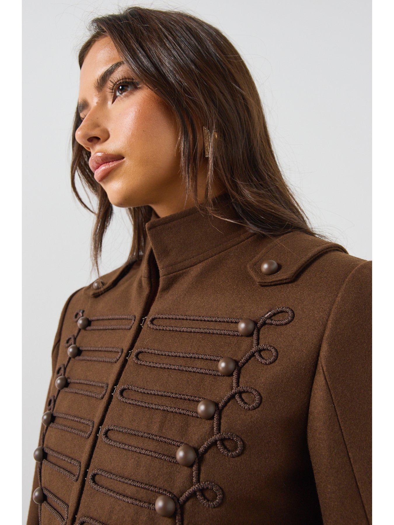 Image 4 of 6 of AllSaints Womens Military-Style Cropped Stand Collar Jacket - Brown