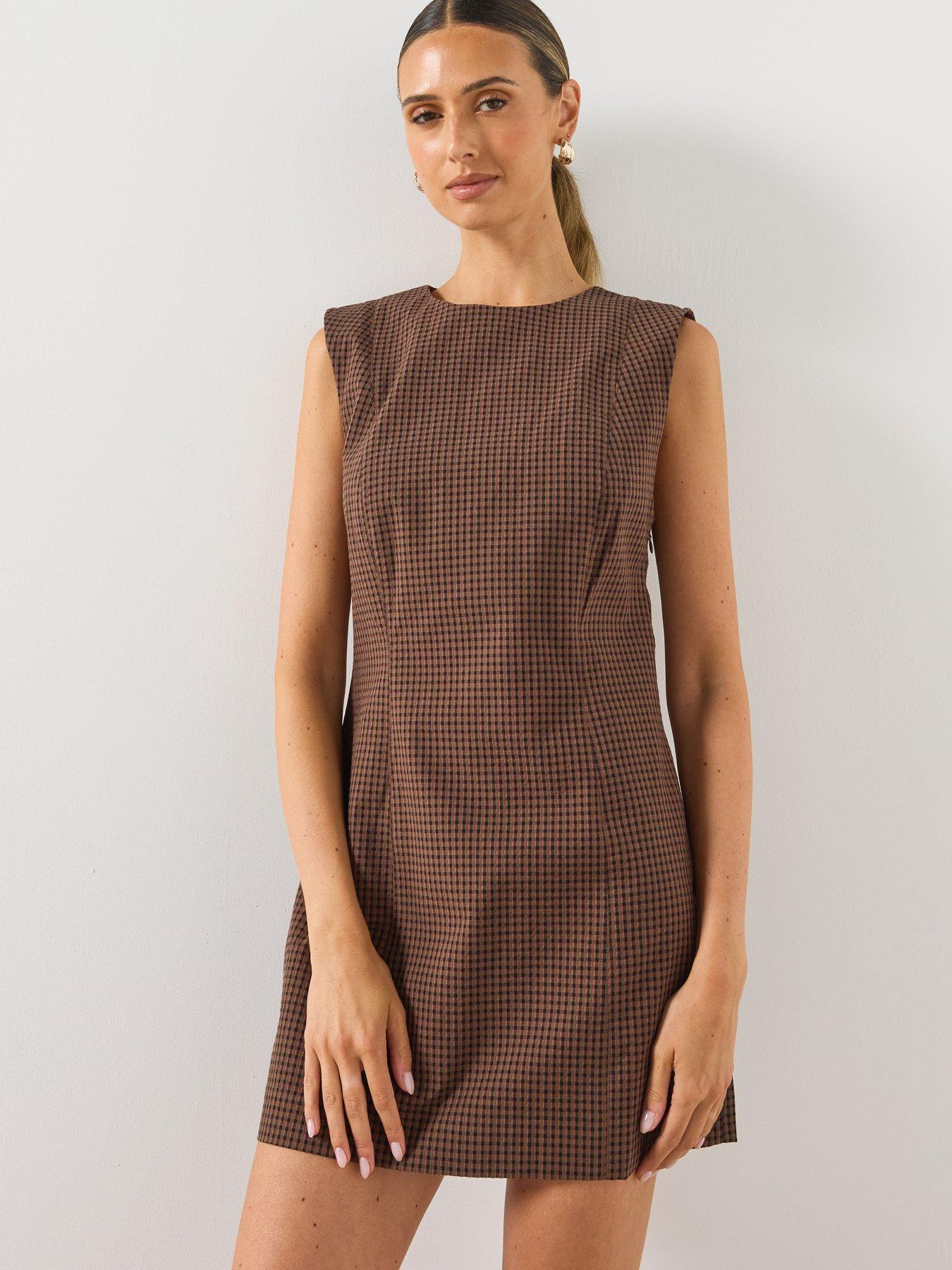 Image 1 of 6 of Mango Gingham Check Cottoned Dress - Brown