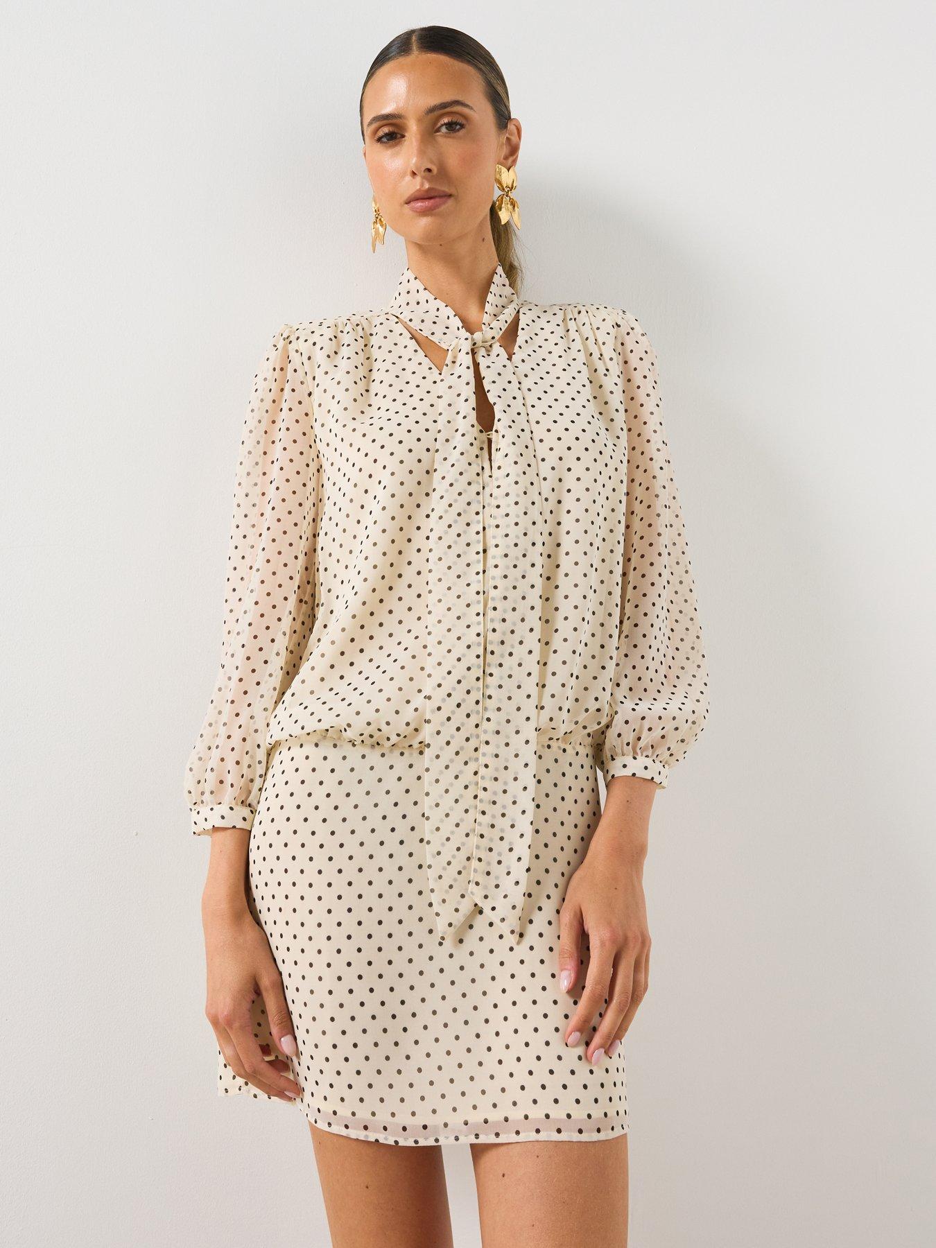 Image 1 of 6 of Mango Polka Dot Tie-Neck Mini Dress - Cream
