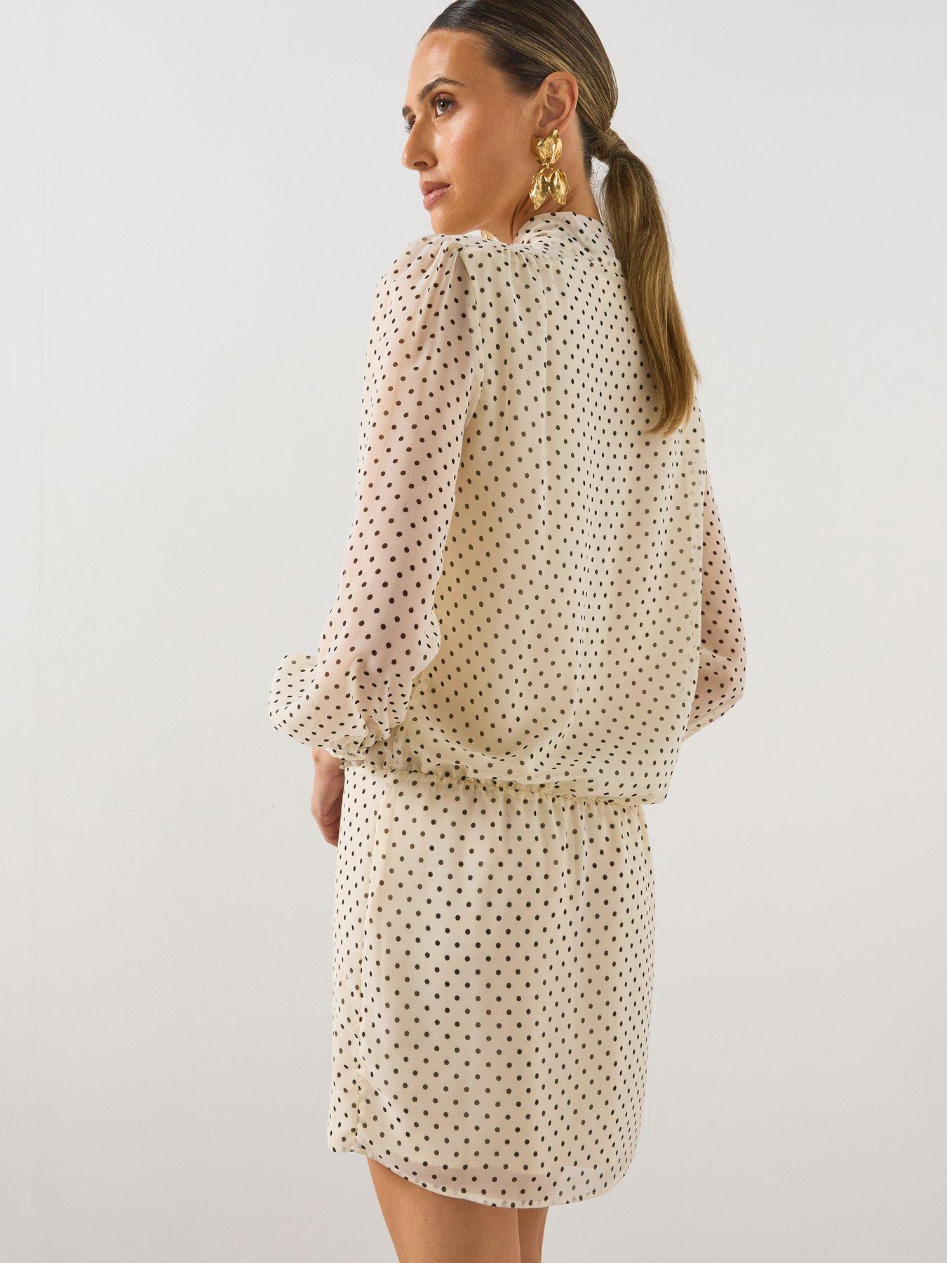 Image 2 of 6 of Mango Polka Dot Tie-Neck Mini Dress - Cream