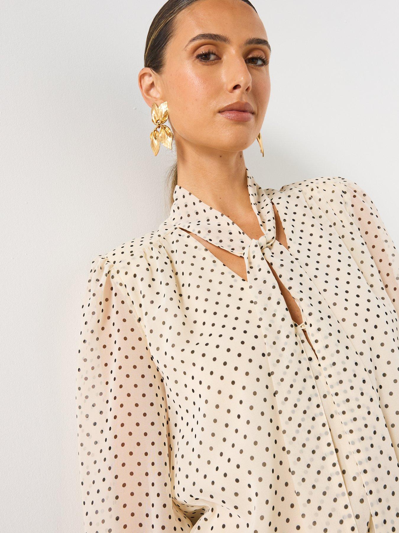 Image 4 of 6 of Mango Polka Dot Tie-Neck Mini Dress - Cream