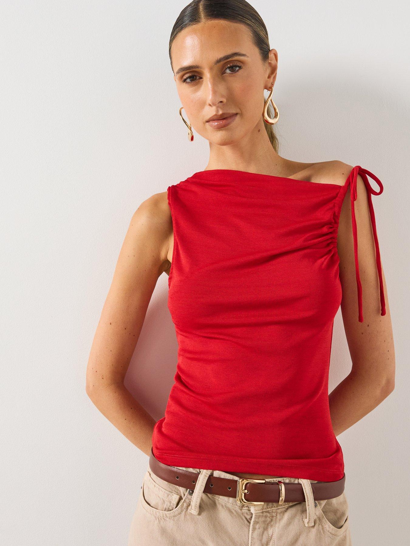 Image 1 of 6 of Mango Asymmetric Ruched Top - Red