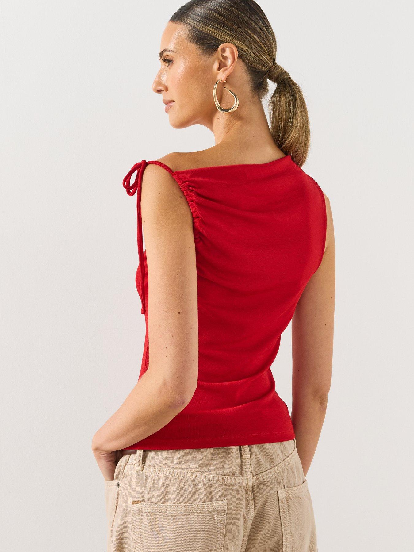 Image 2 of 6 of Mango Asymmetric Ruched Top - Red