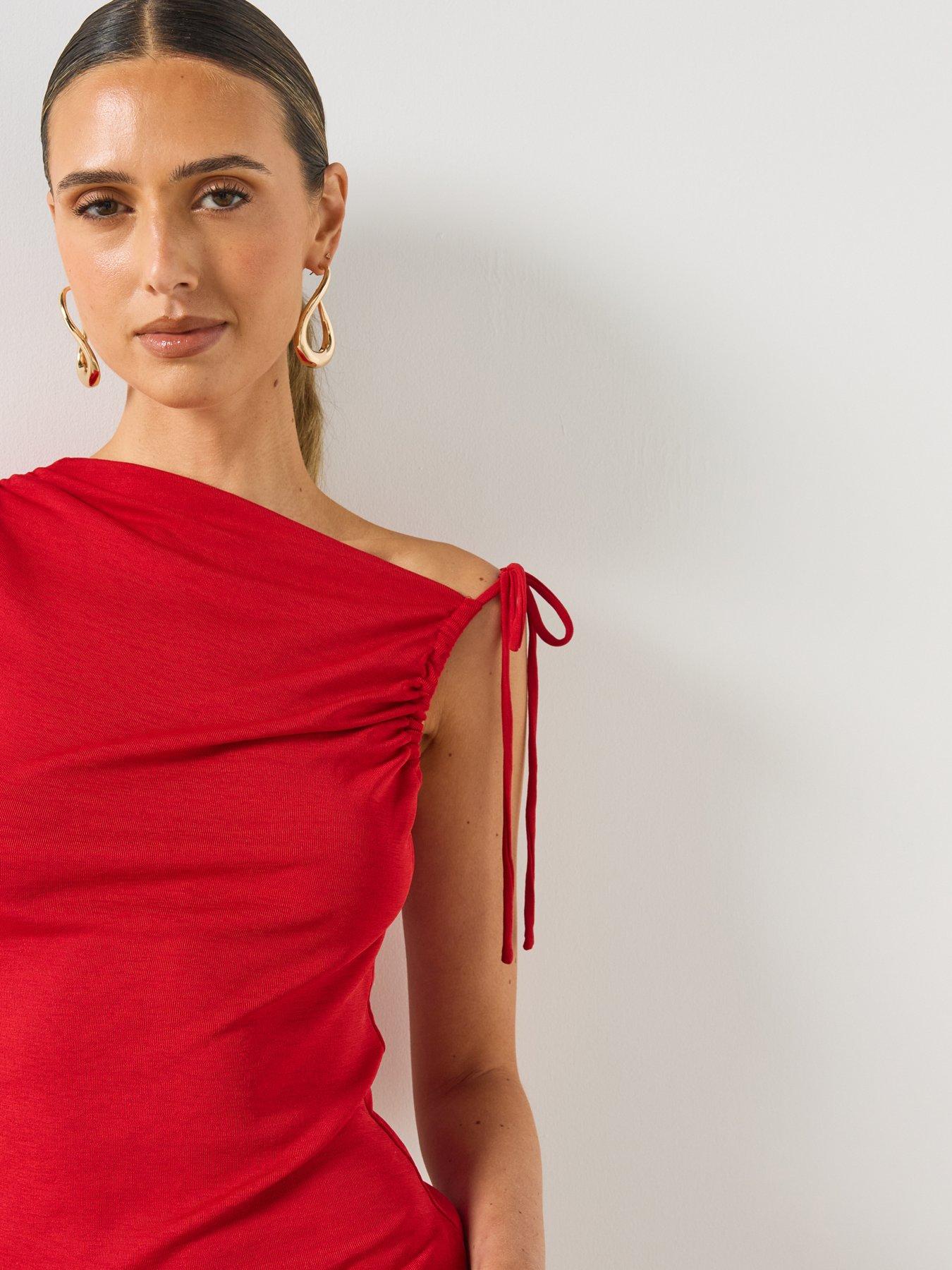 Image 4 of 6 of Mango Asymmetric Ruched Top - Red