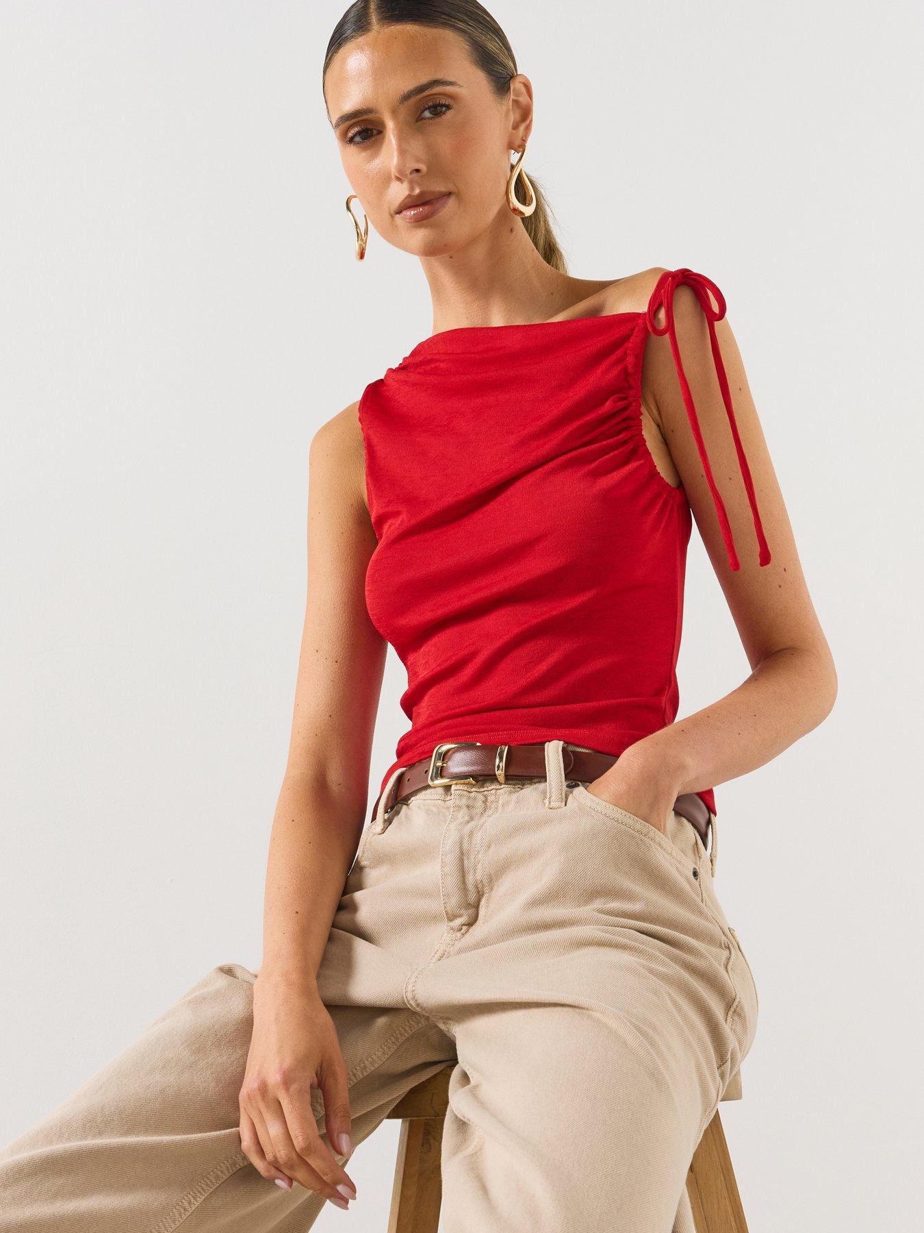 Image 5 of 6 of Mango Asymmetric Ruched Top - Red