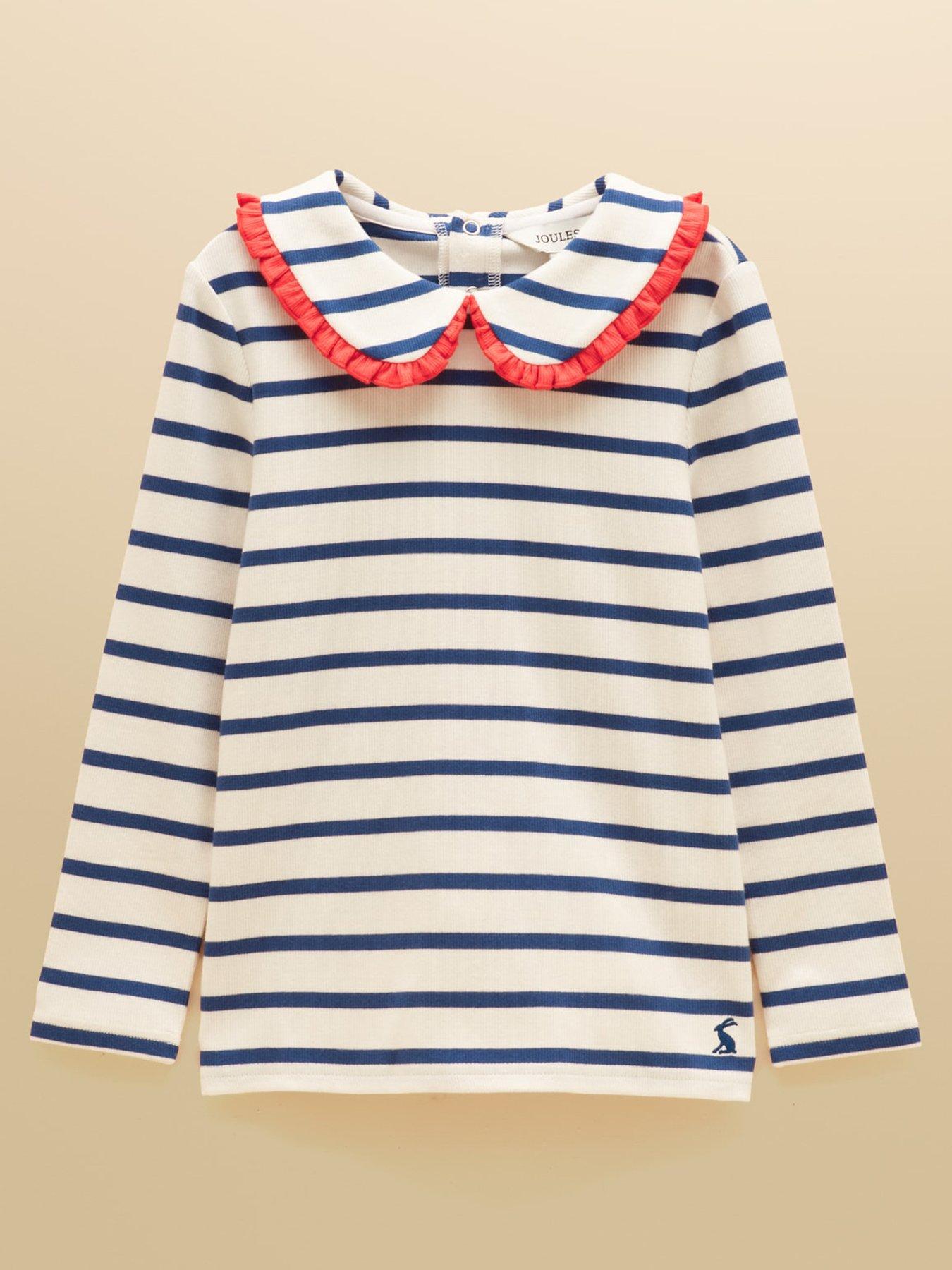 Image 1 of 4 of Joules Girls Frill Collar Stripe Long Sleeve T-Shirt - Cream