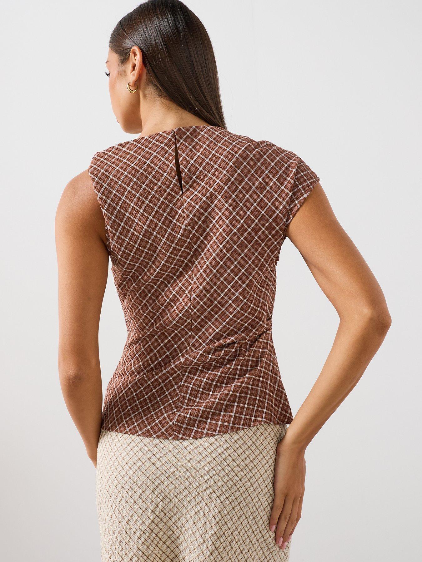 Image 2 of 6 of Mango Checked Ruched Cap Sleeve Top - Brown