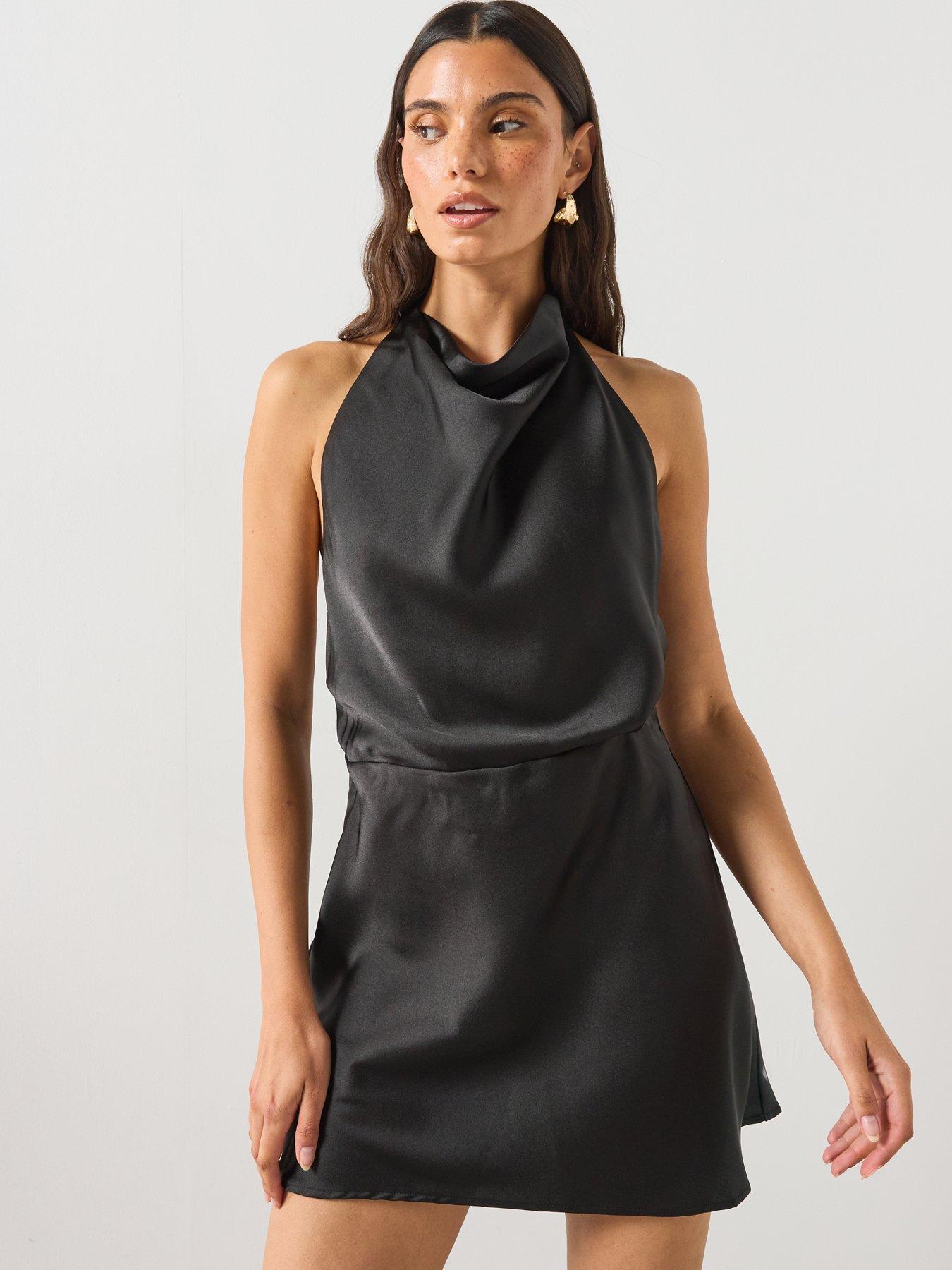 Image 3 of 5 of Mango Draped Neck Satin Dress - Black