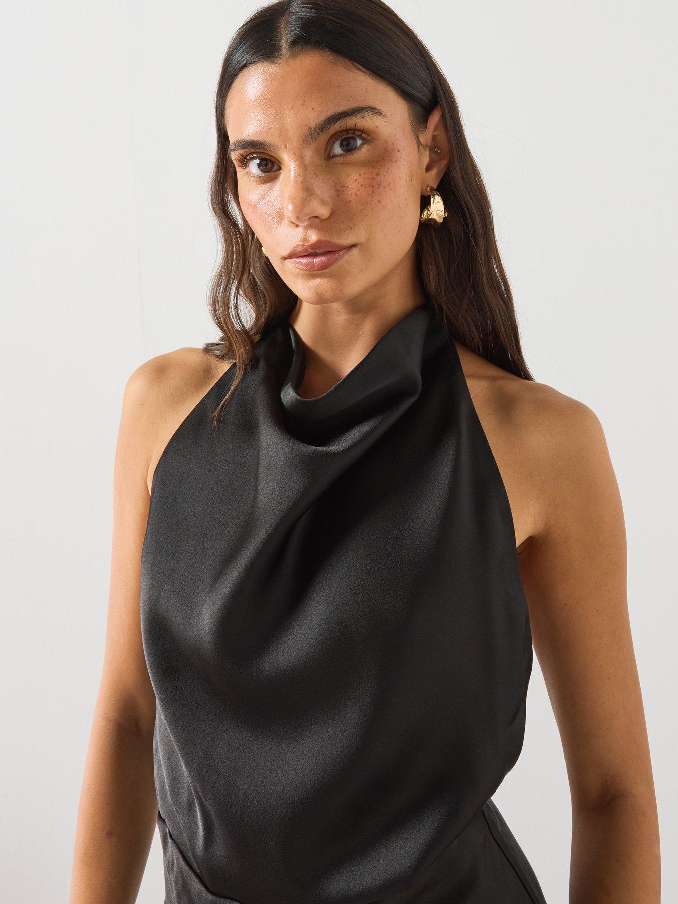Image 5 of 5 of Mango Draped Neck Satin Dress - Black