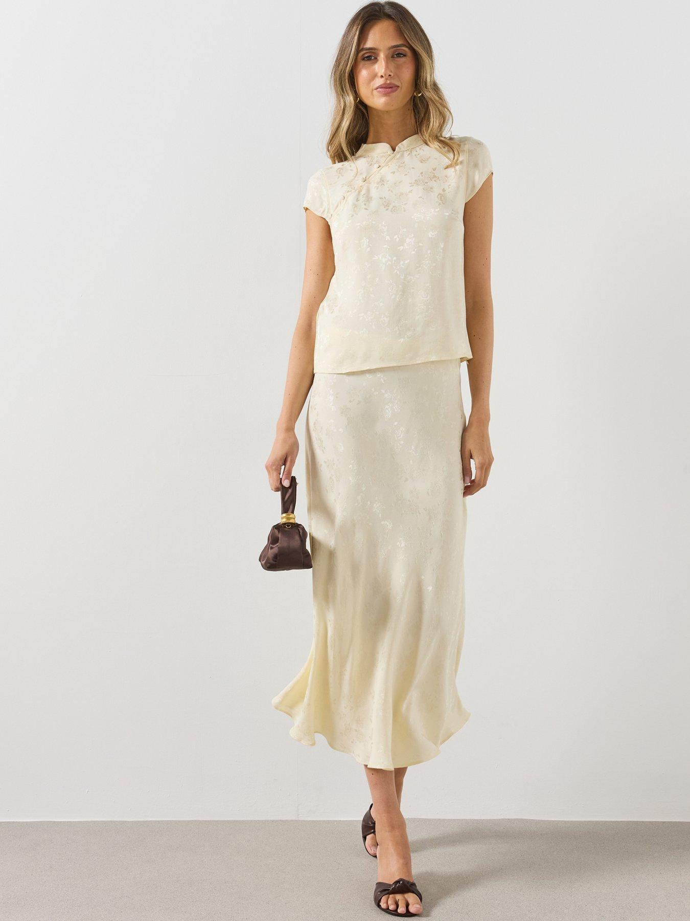 Image 3 of 5 of Mango Womens Jacquard Asymmetric Button Mandarin Collar Blouse - Cream