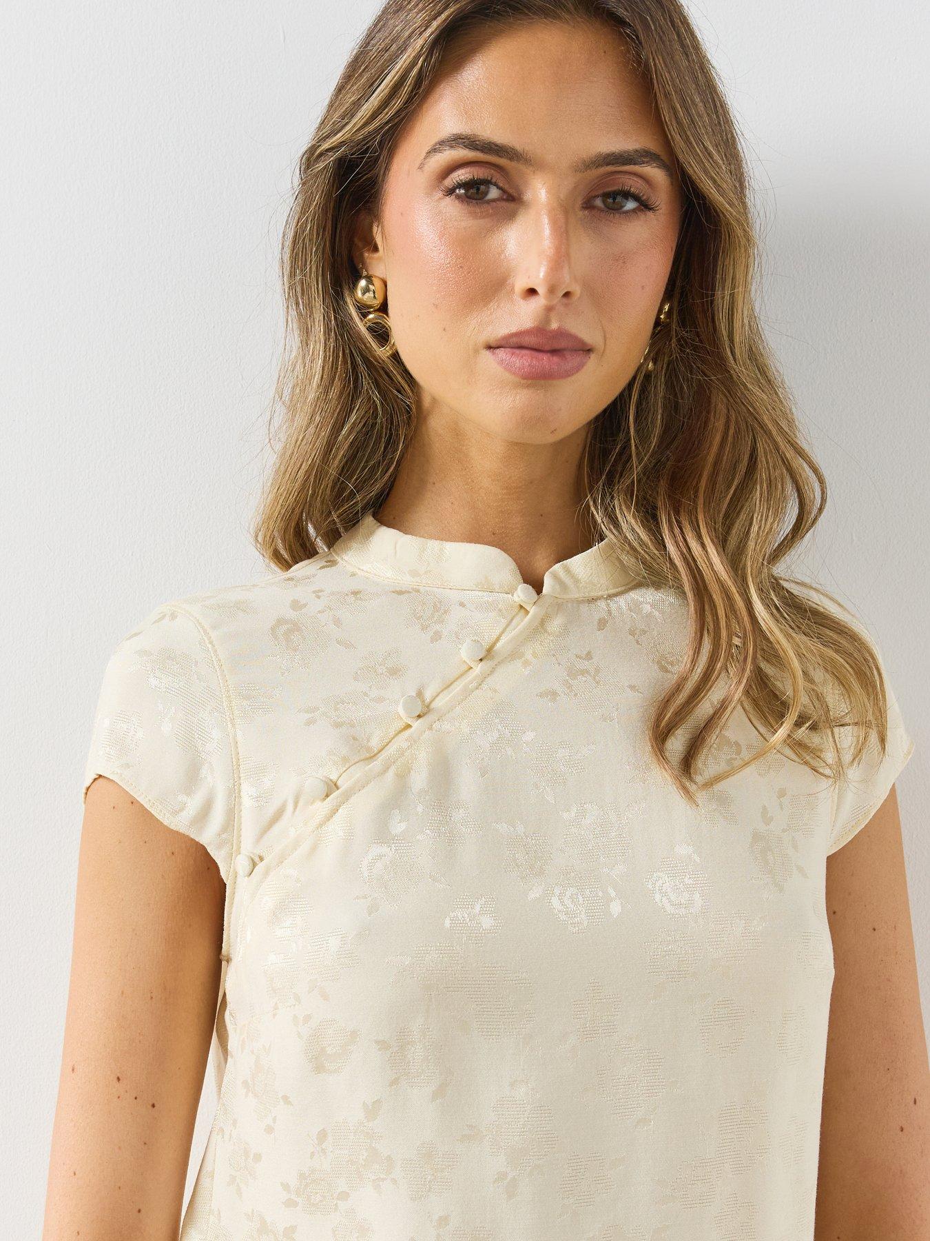 Image 4 of 5 of Mango Womens Jacquard Asymmetric Button Mandarin Collar Blouse - Cream