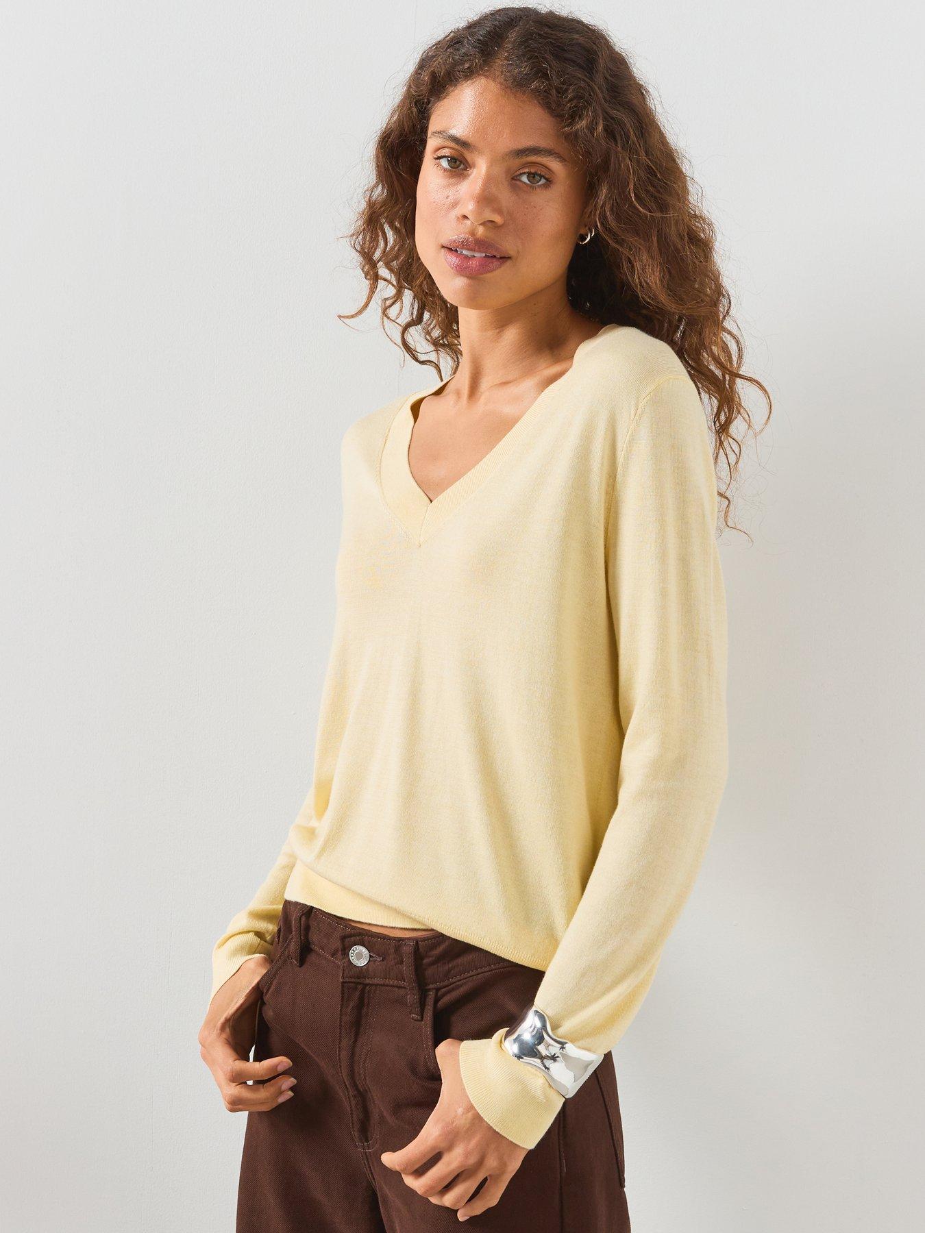 Image 1 of 6 of Mango V-Neck Knit Sweater - Cream