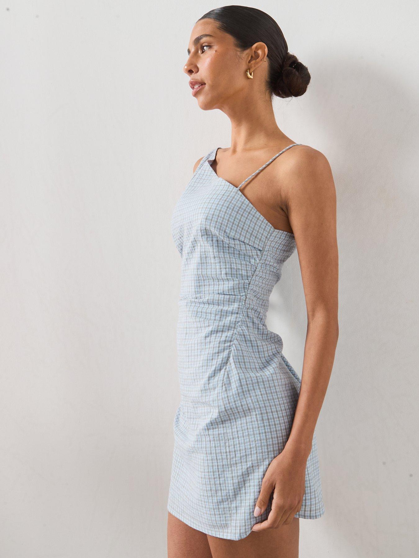 Mango Ruched Asymmetric Check Mini Dress - Blue