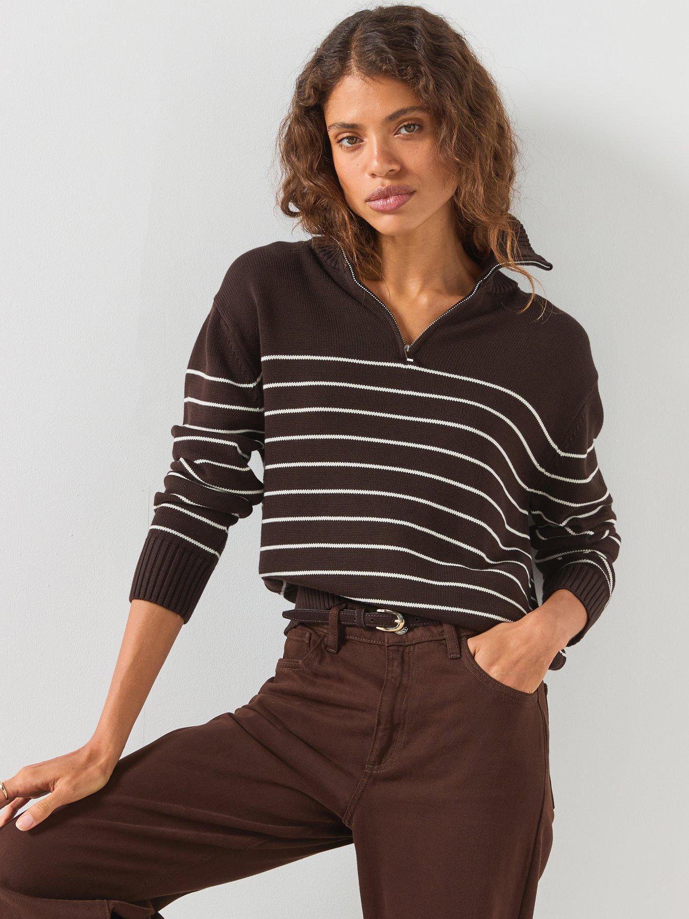 Mango Striped Zipped Sweater - Brown
