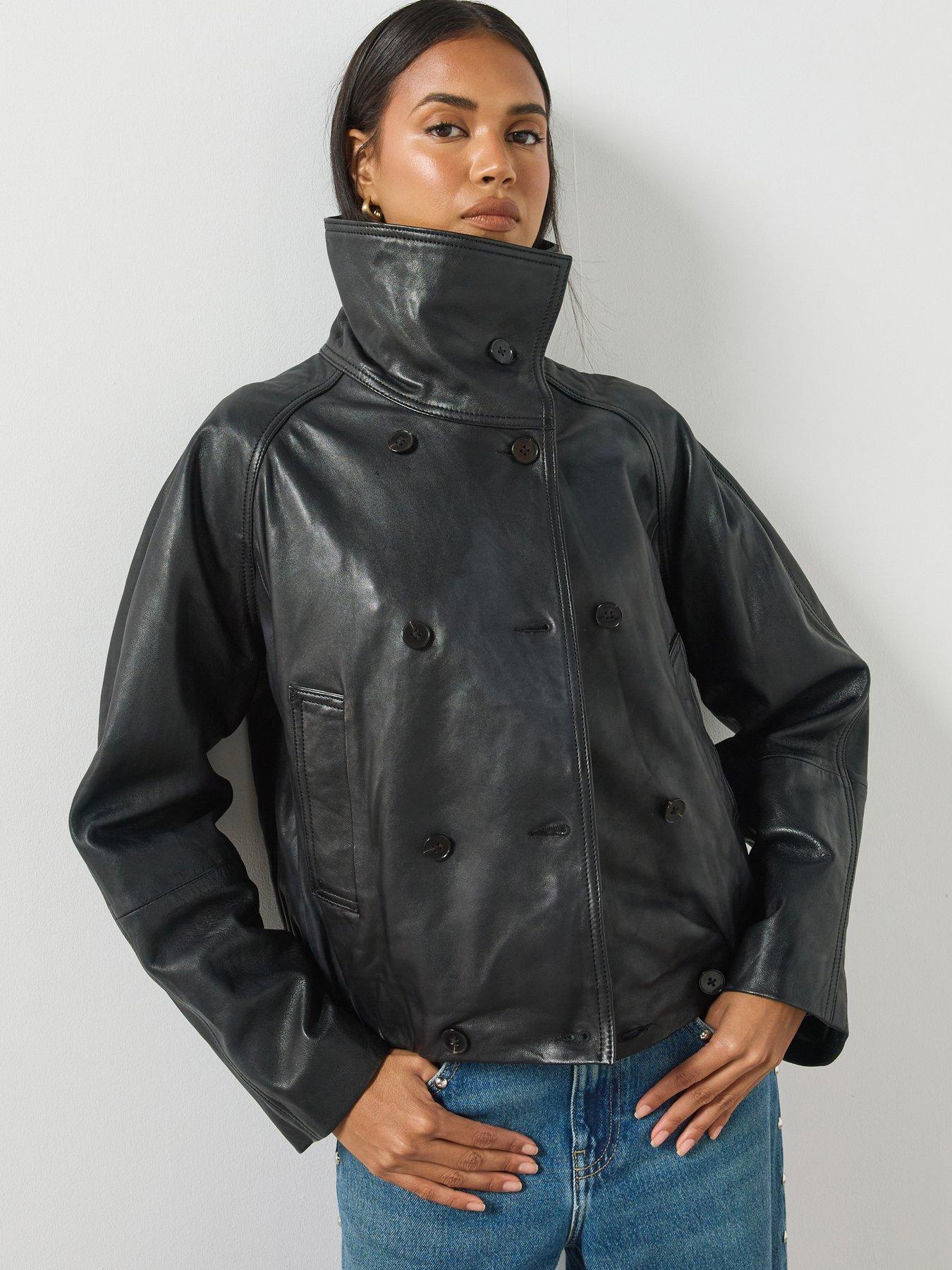 Image 1 of 6 of Mango Womens Oversized Funnel Neck Leather Jacket - Black