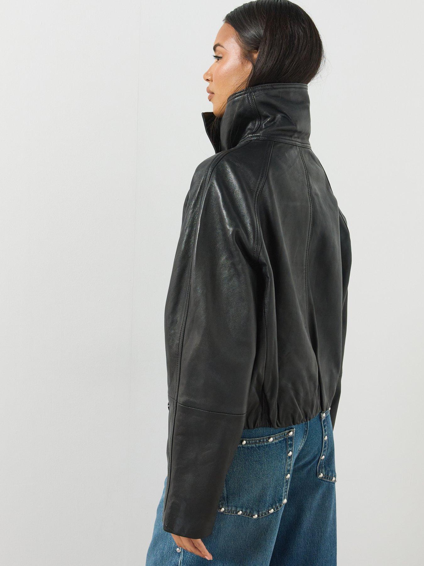 Image 2 of 6 of Mango Womens Oversized Funnel Neck Leather Jacket - Black