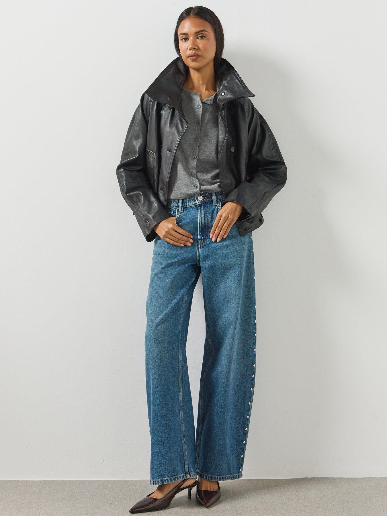 Image 3 of 6 of Mango Womens Oversized Funnel Neck Leather Jacket - Black
