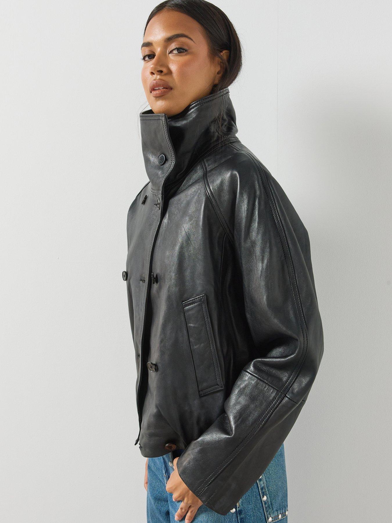 Image 4 of 6 of Mango Womens Oversized Funnel Neck Leather Jacket - Black