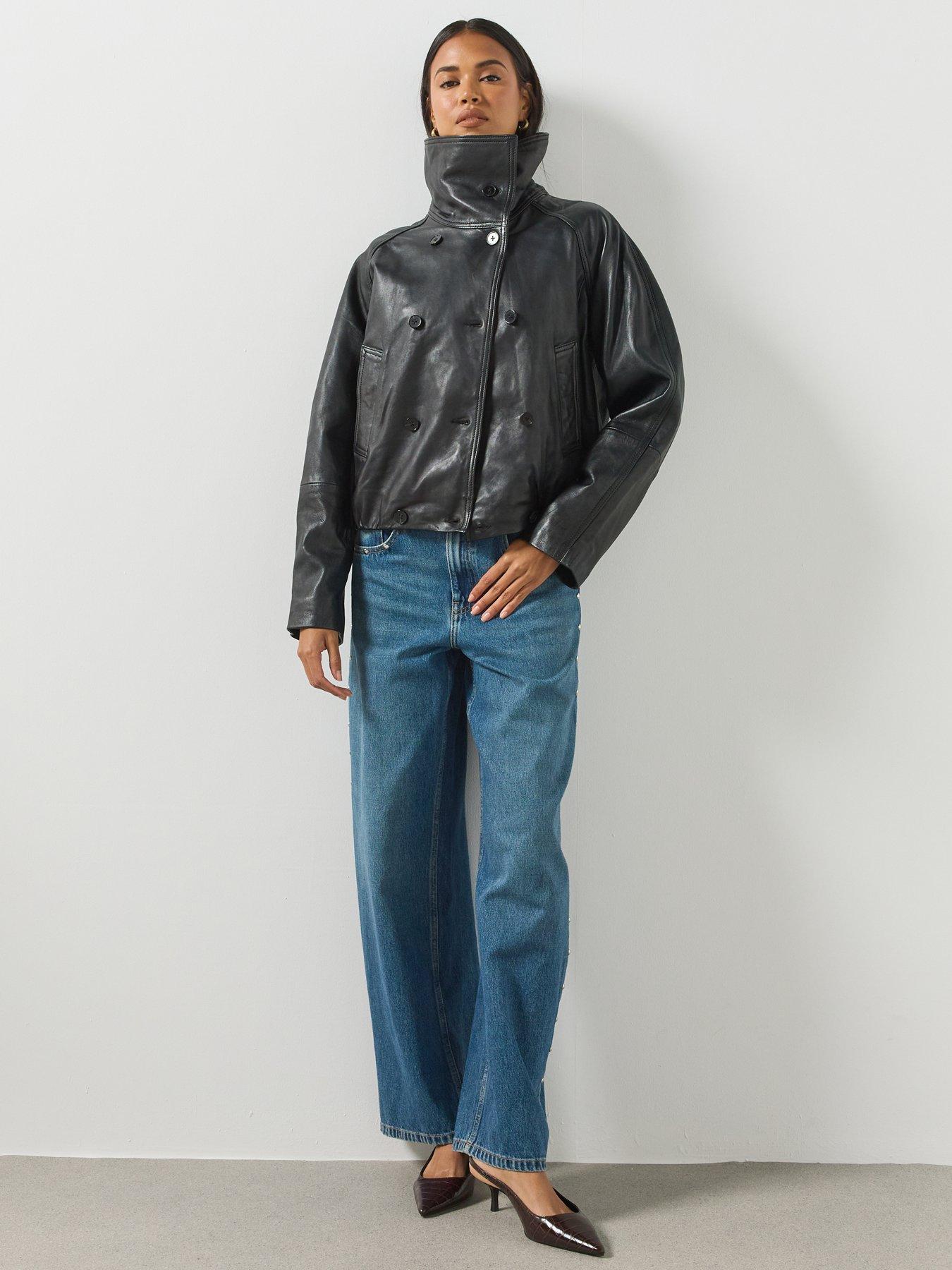 Image 6 of 6 of Mango Womens Oversized Funnel Neck Leather Jacket - Black