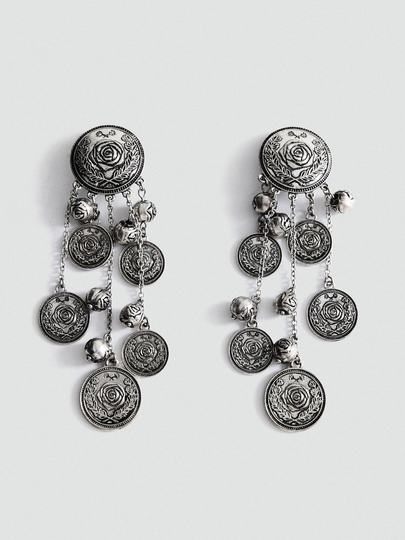 Mango Engraved Detail Drop Earrings - Silver