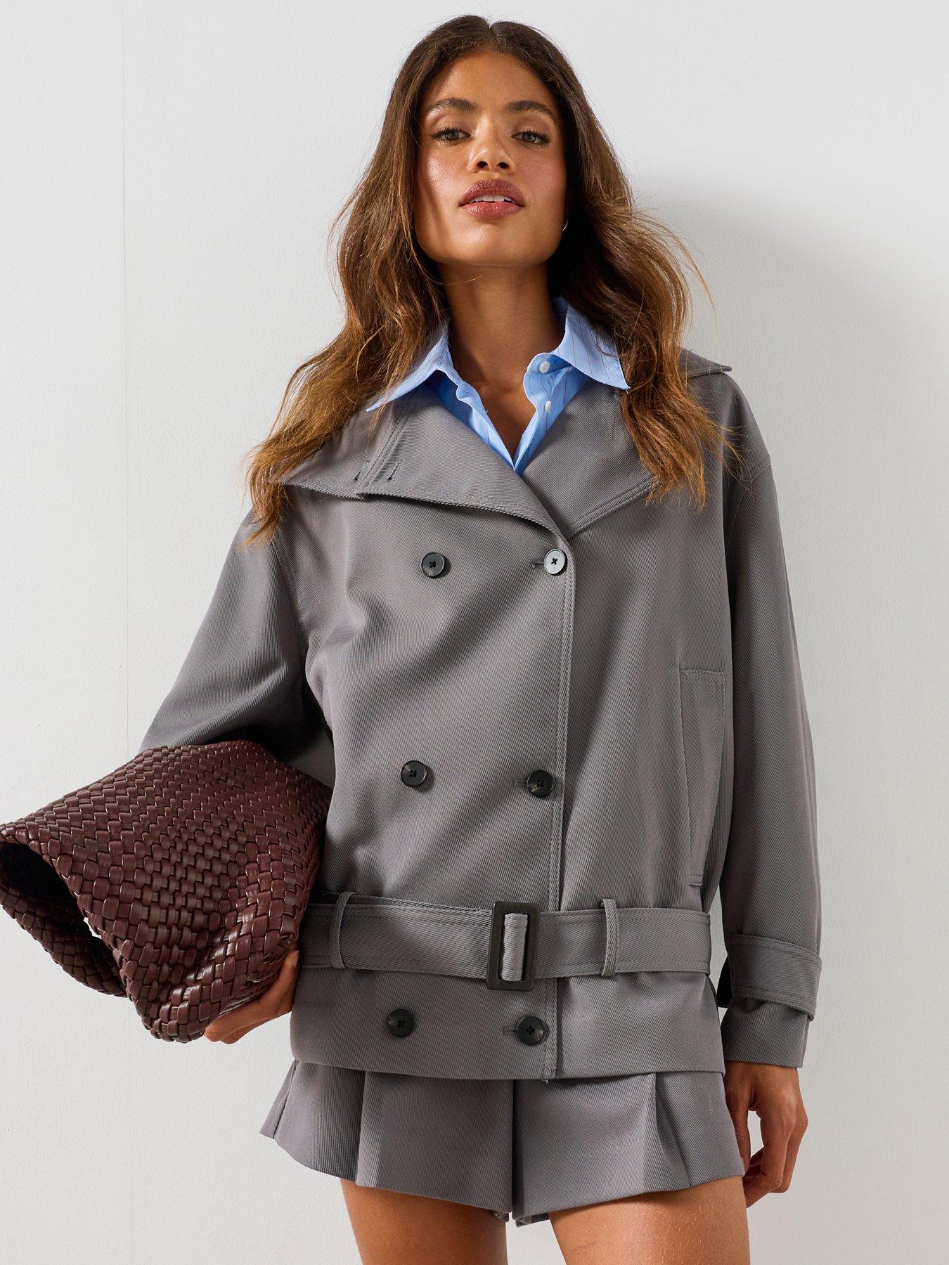 Mango Funnel Neck Belted Trench Coat - Grey