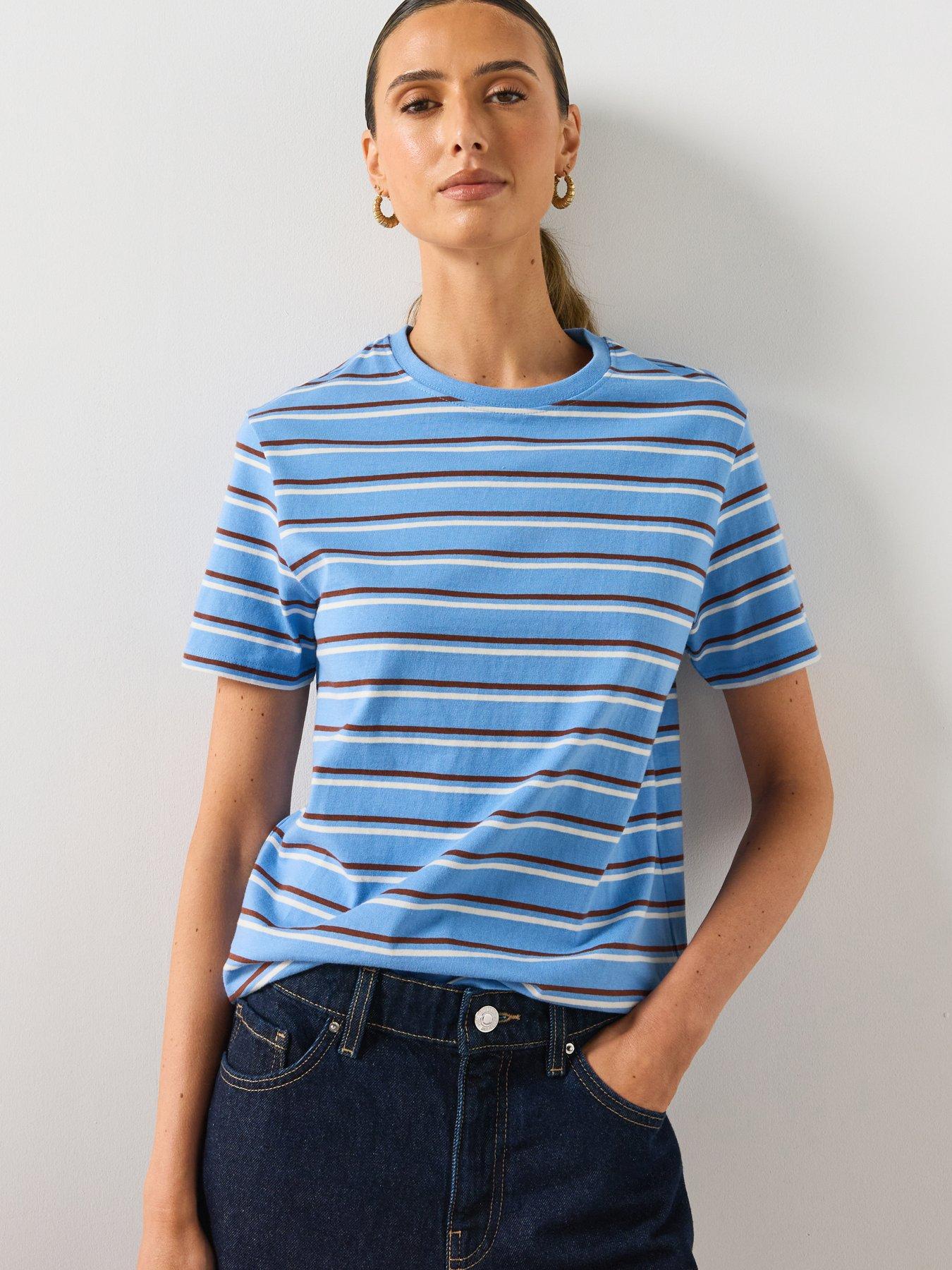 Image 1 of 6 of Mango Striped Cotton T-Shirt - Blue