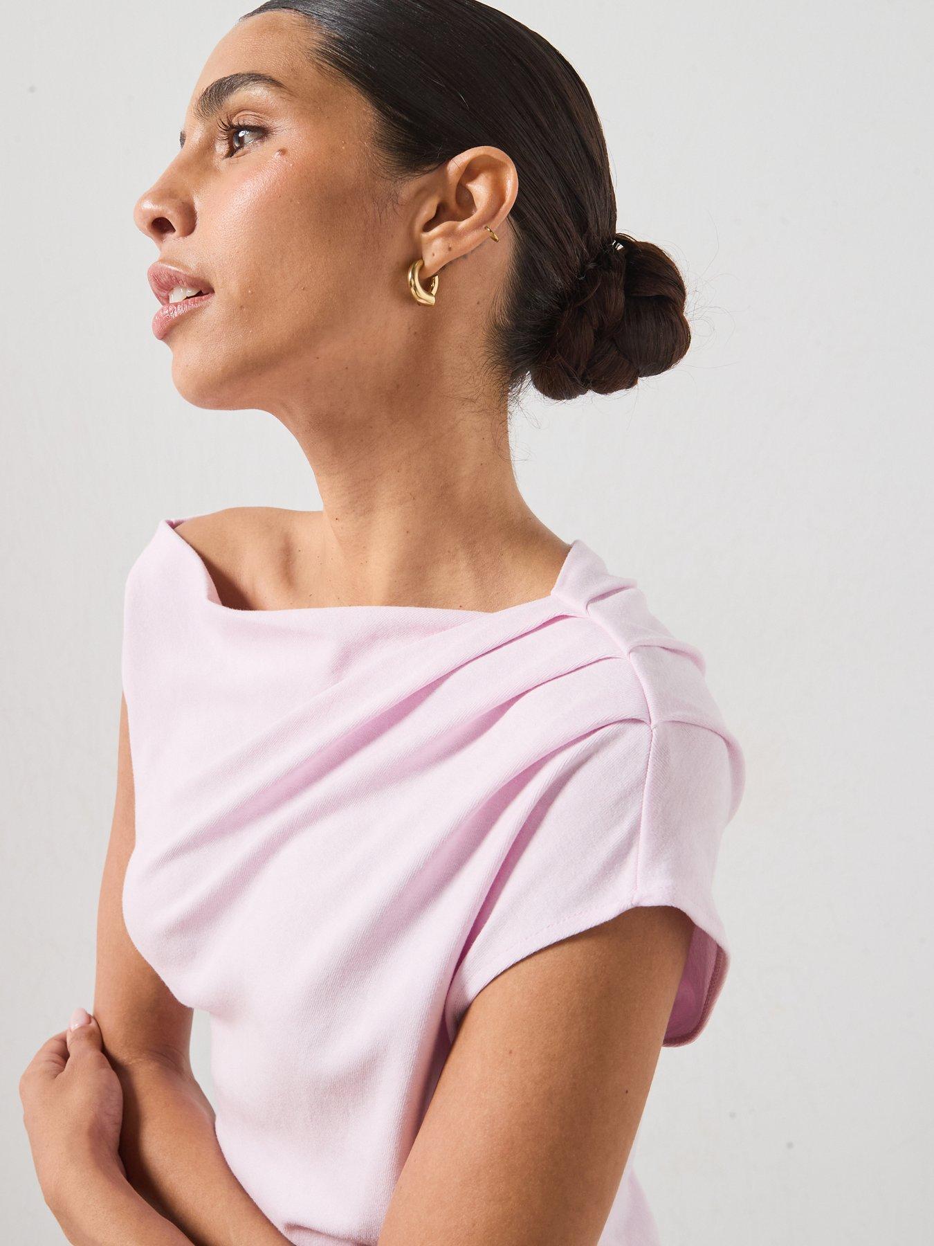 Image 4 of 6 of Mango Asymmetrical Ruched T-Shirt- Pink