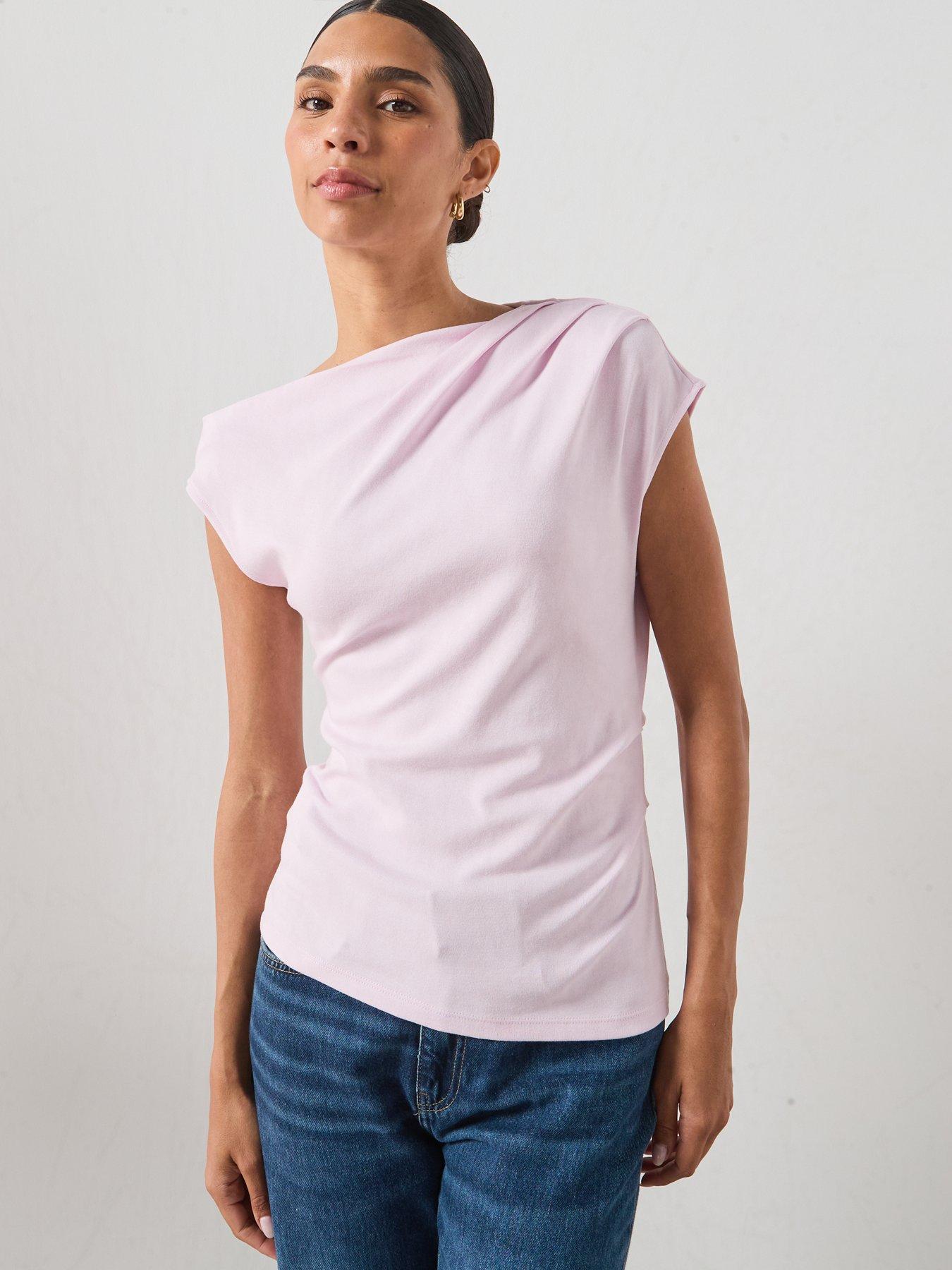 Image 6 of 6 of Mango Asymmetrical Ruched T-Shirt- Pink