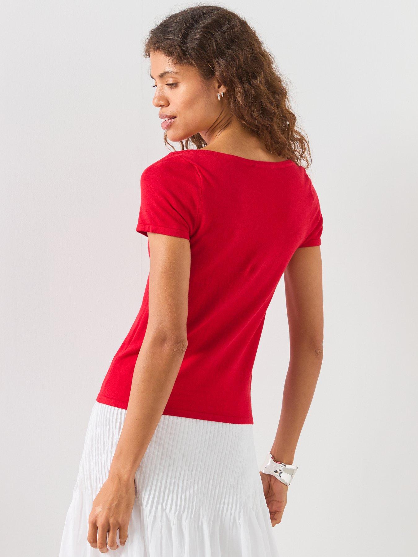 Image 2 of 5 of Mango Short Sleeve Fine Knit Sweater - Red
