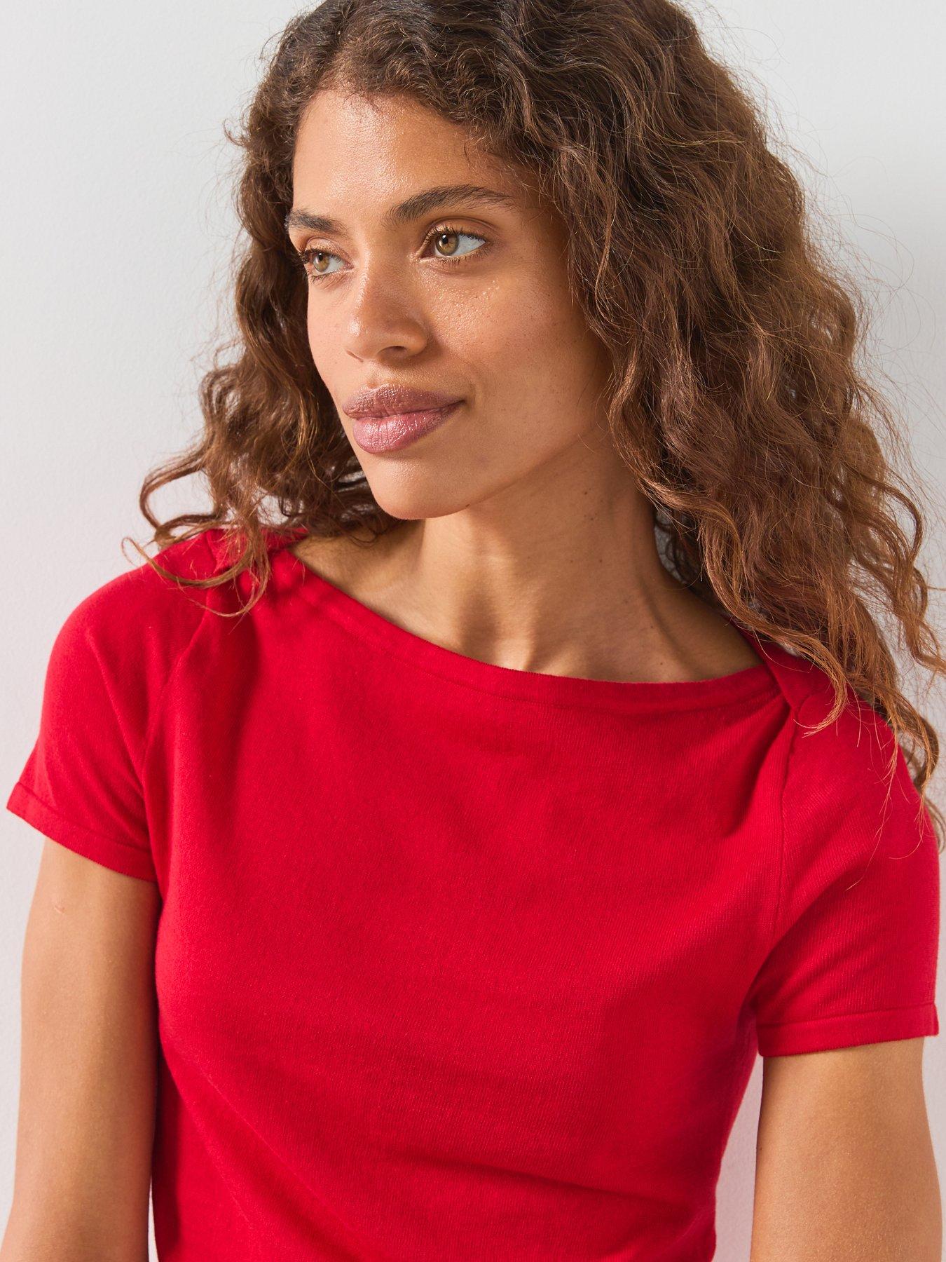 Image 4 of 5 of Mango Short Sleeve Fine Knit Sweater - Red