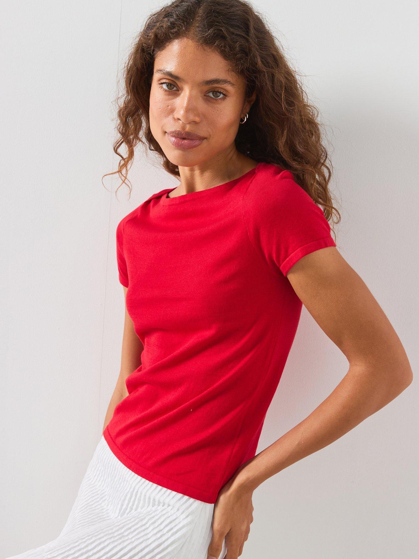 Image 5 of 5 of Mango Short Sleeve Fine Knit Sweater - Red