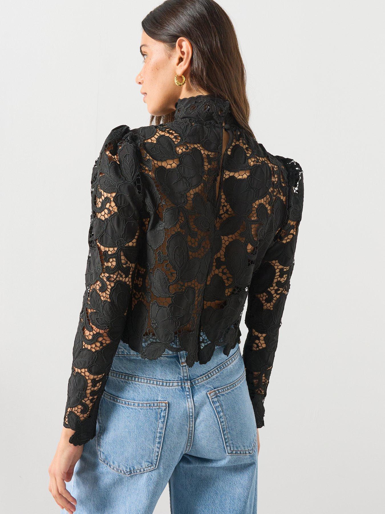 Image 2 of 6 of Mango Guipure Blouse With A Tie Neck - Black