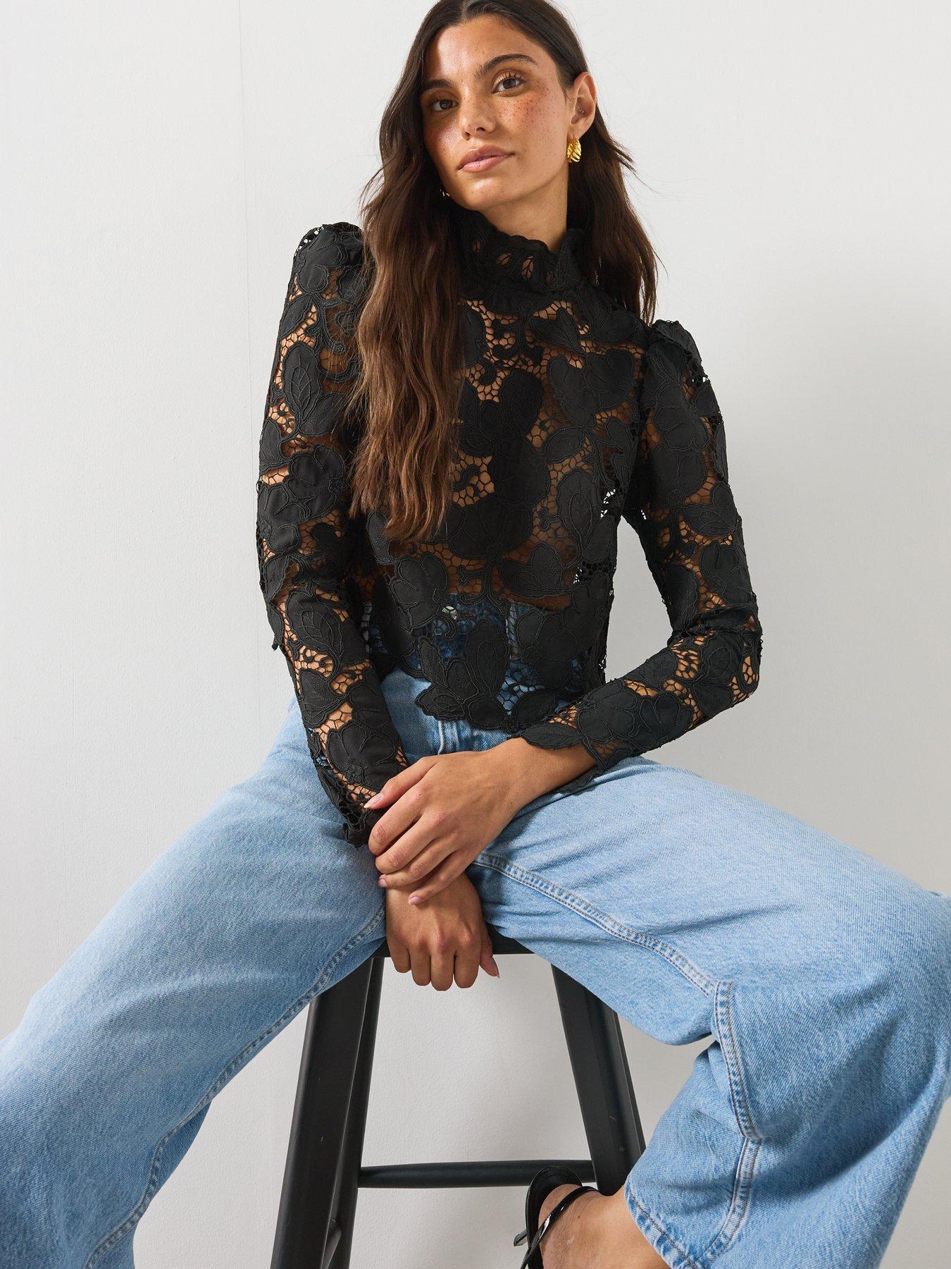 Image 4 of 6 of Mango Guipure Blouse With A Tie Neck - Black