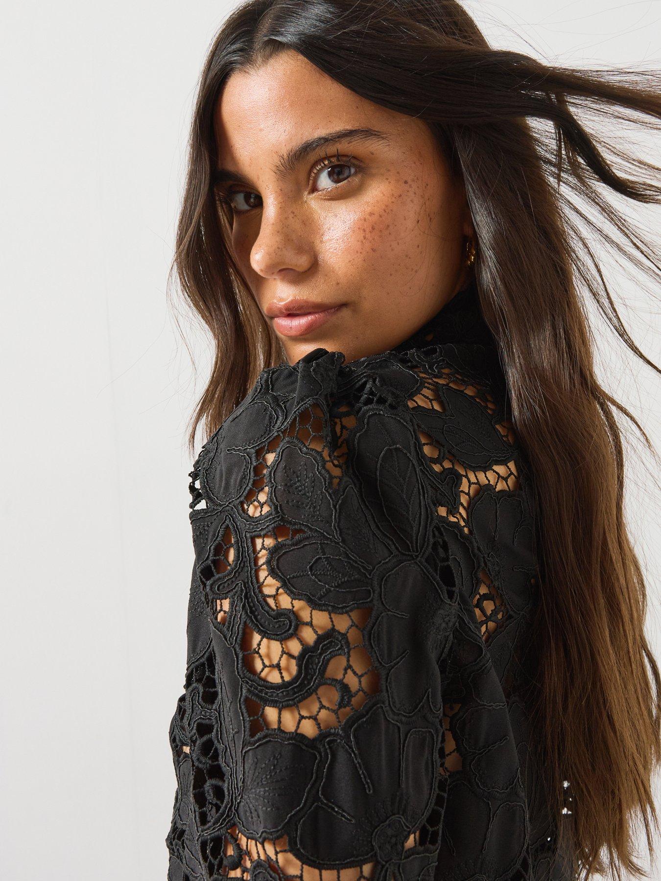 Image 6 of 6 of Mango Guipure Blouse With A Tie Neck - Black